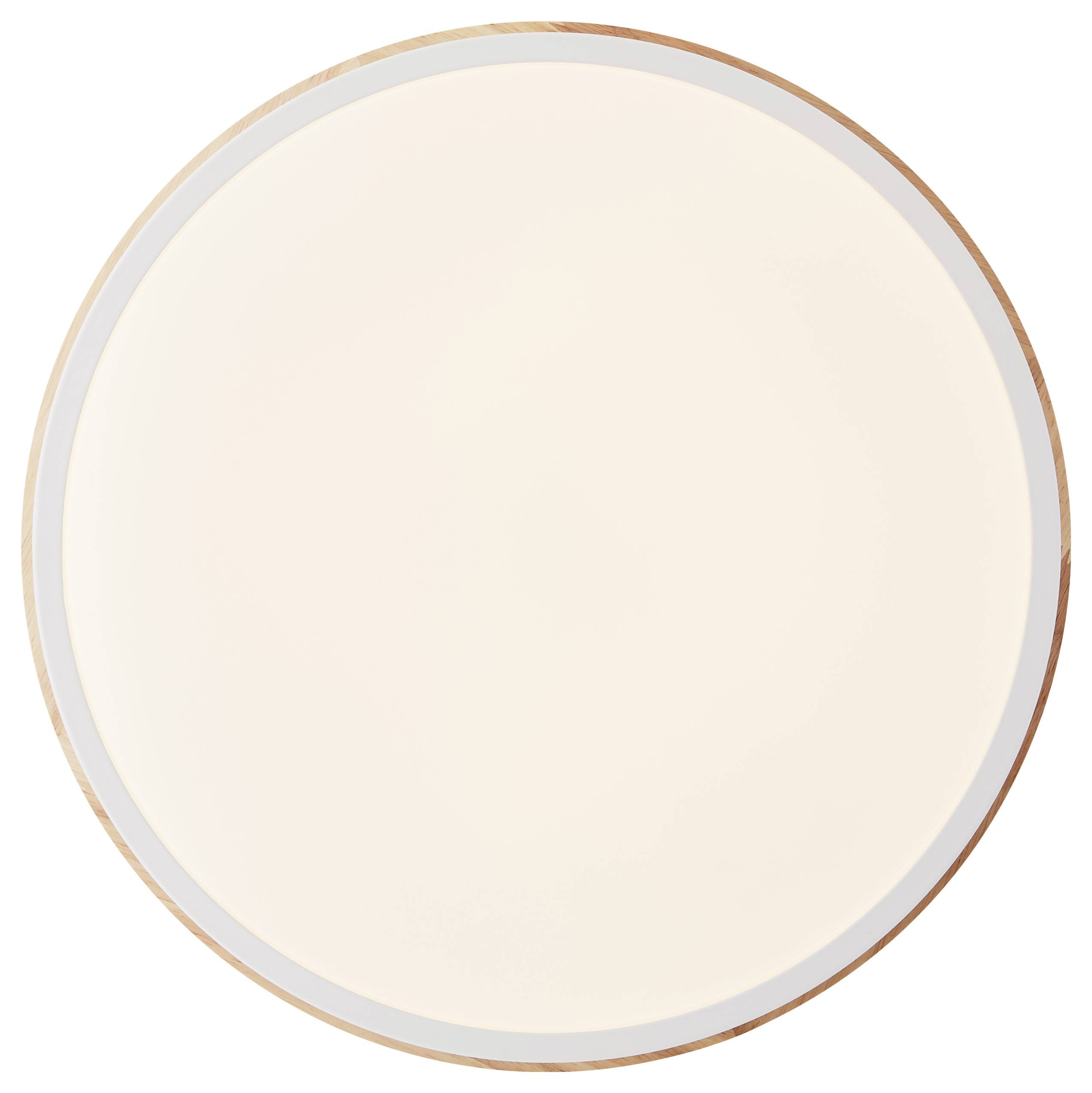 Ein runder, weißer Teller mit einem schmalen, hellbraunen Rand, dargestellt von oben. Der Teller ist leer und minimalistisch gestaltet.
