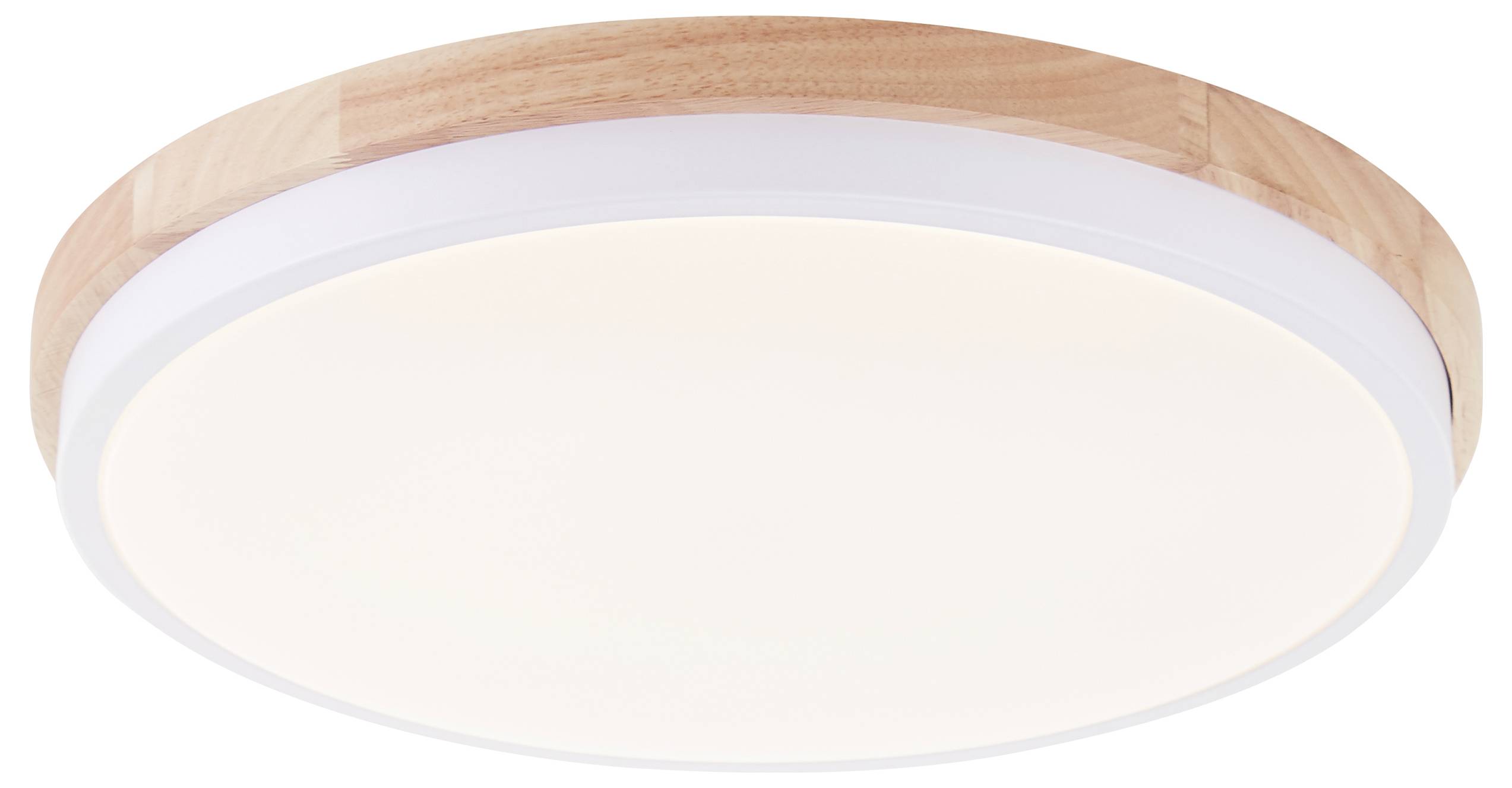Eine runde Deckenleuchte mit einem Holzrahmen und weißem Leuchtkörper. Sie strahlt gleichmäßiges, warmweißes Licht aus.