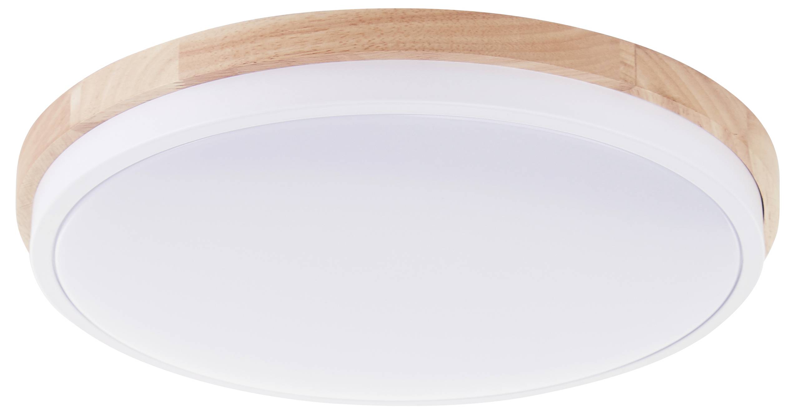 Runde Deckenleuchte mit Holzrahmen und weißem Lampenschirm, moderne Gestaltung, geeignet für Wohn- oder Arbeitsbereiche.