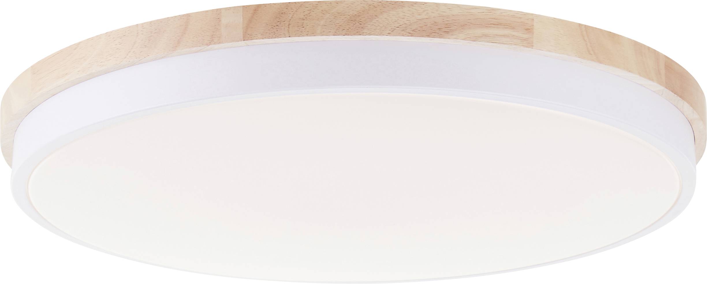 Runde Deckenleuchte mit Holzrahmen und mattweißer Oberfläche, die homogenes Licht verbreitet. Ideal für moderne Wohnräume.