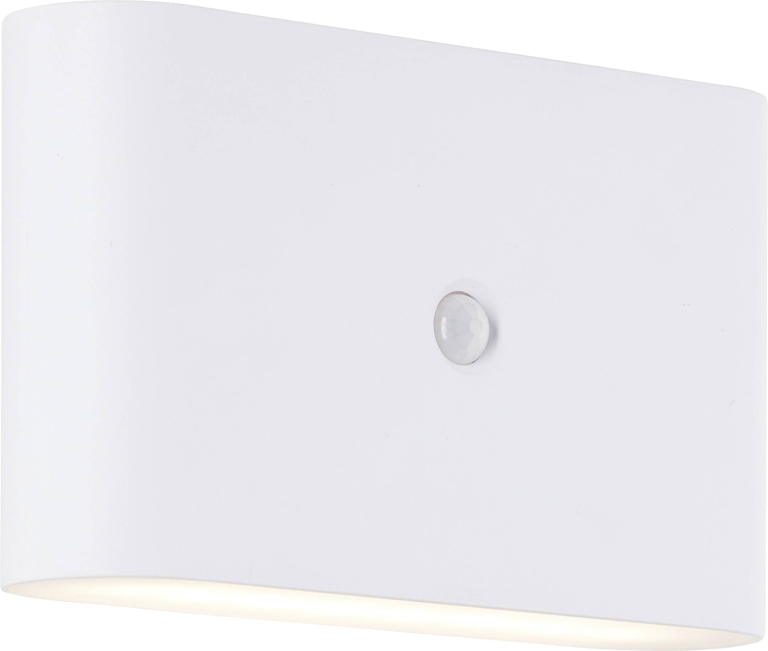 Weiße Wandleuchte mit schlichtem, modernem Design. Oben abgerundet, mit zentralem Sensor für Bewegungserkennung.