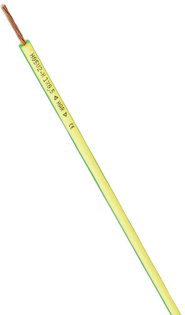 Gelb-grünes Elektrokabel mit freiliegendem Kupferdraht auf einer Seite. Kabel ist mit 'H05V-K 1x0.5 5 AMP' gekennzeichnet.