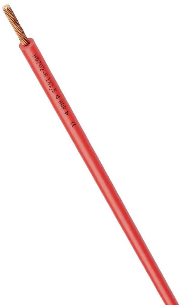 Rotes Elektrokabel mit Kupferadern, Aufschrift 'H07V-K' und technische Spezifikationen.