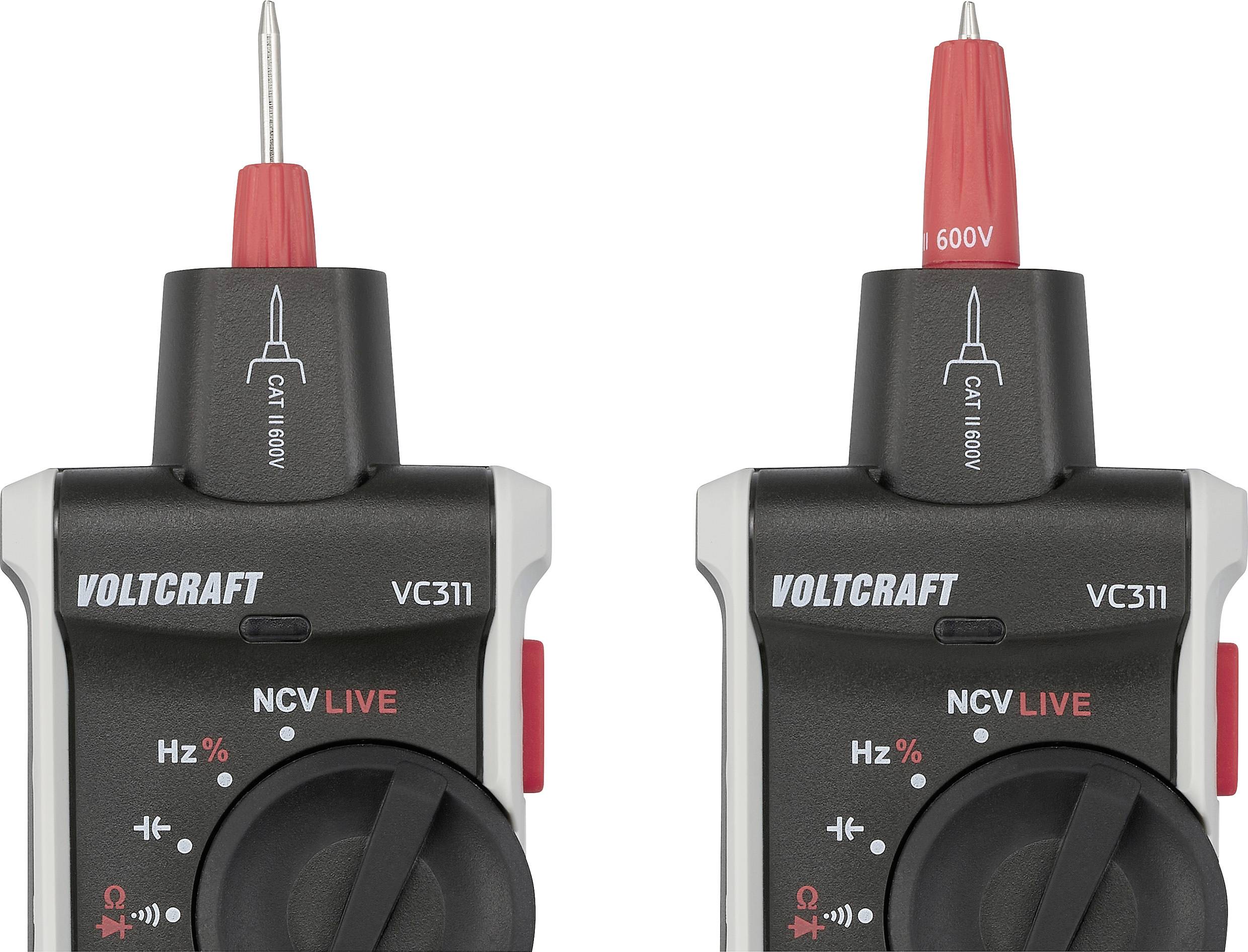 Zwei Voltcraft VC311 Spannungsprüfer mit roten Messspitzen und Messeinstellungen, mit Fokus auf Hz- und NCV-Live-Funktionen.