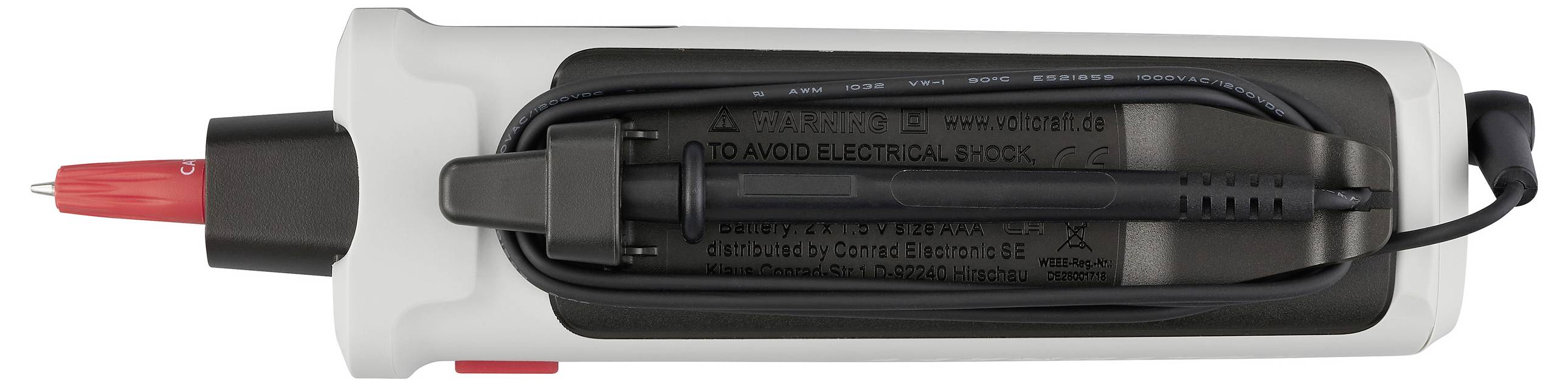 Draufsicht eines elektrischen Messgeräts mit einer roten und einer schwarzen Messspitze, die sauber auf seinem schwarz-weißen Gehäuse aufgewickelt sind.