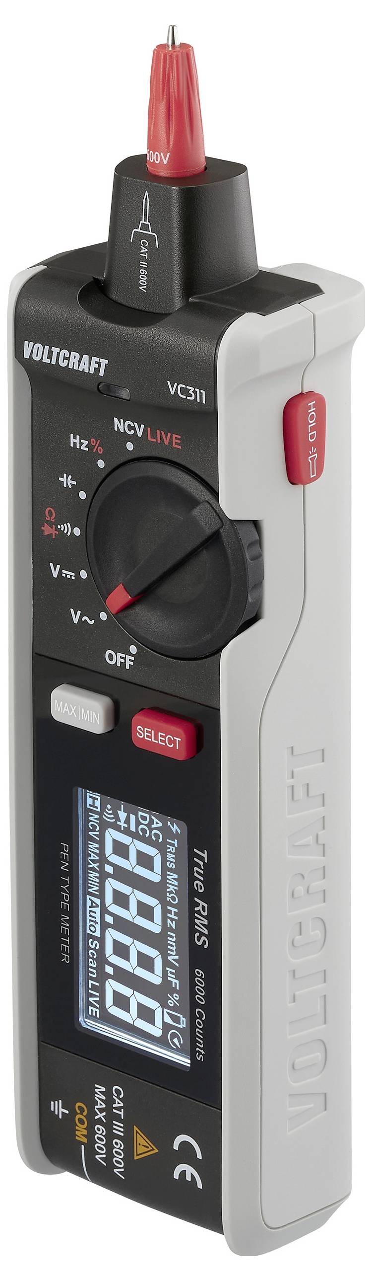 Ein digitales Multimeter der Marke VOLTCRAFT VC-311 mit verschiedenen Messmodi, einem Displaybildschirm und einer roten Messspitze, die oben angeschlossen ist.
