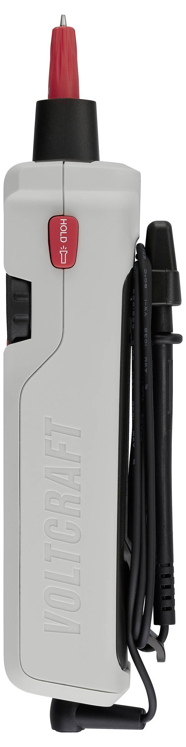 Weißer tragbarer elektrischer Tester mit roter Messspitze, schwarzen Kabeln an der Seite gewickelt und rotem Knopf mit der Beschriftung 