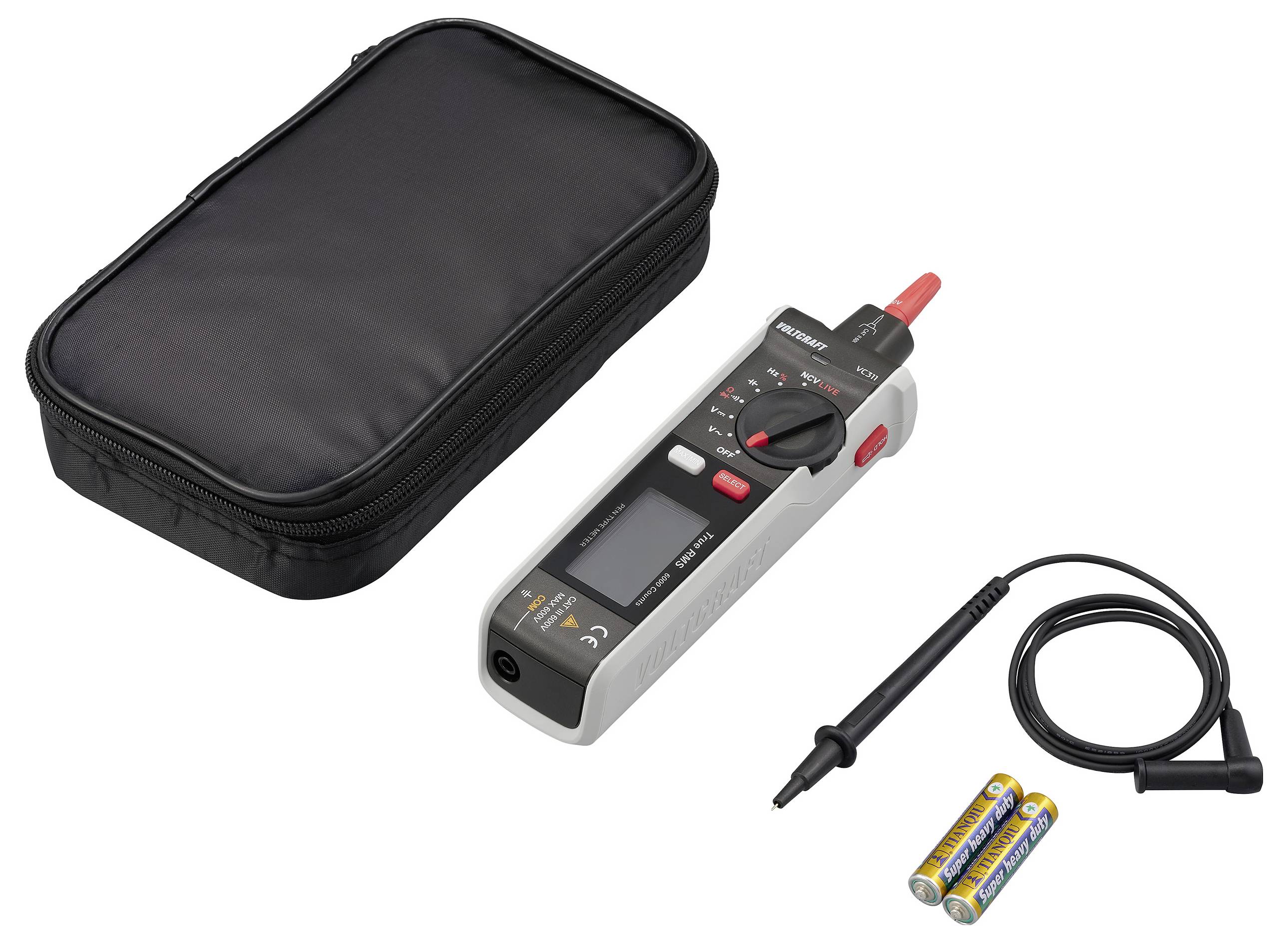Digitales Multimeter mit Messleitungen, Schutztasche und zwei AA-Batterien, verwendet zum Messen elektrischer Werte.