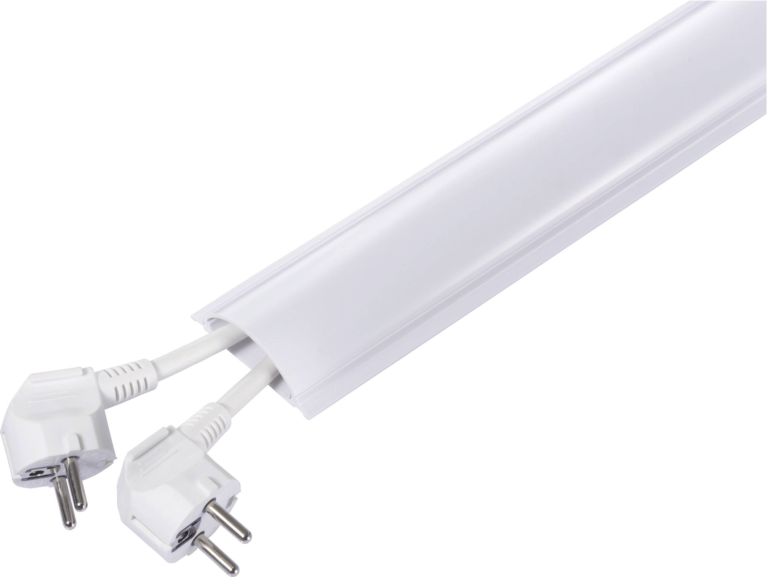 Ein weißer Kabelkanal mit zwei herausragenden Steckern, geeignet zur ordentlichen Verlegung und zum Schutz von Kabeln an Wänden.