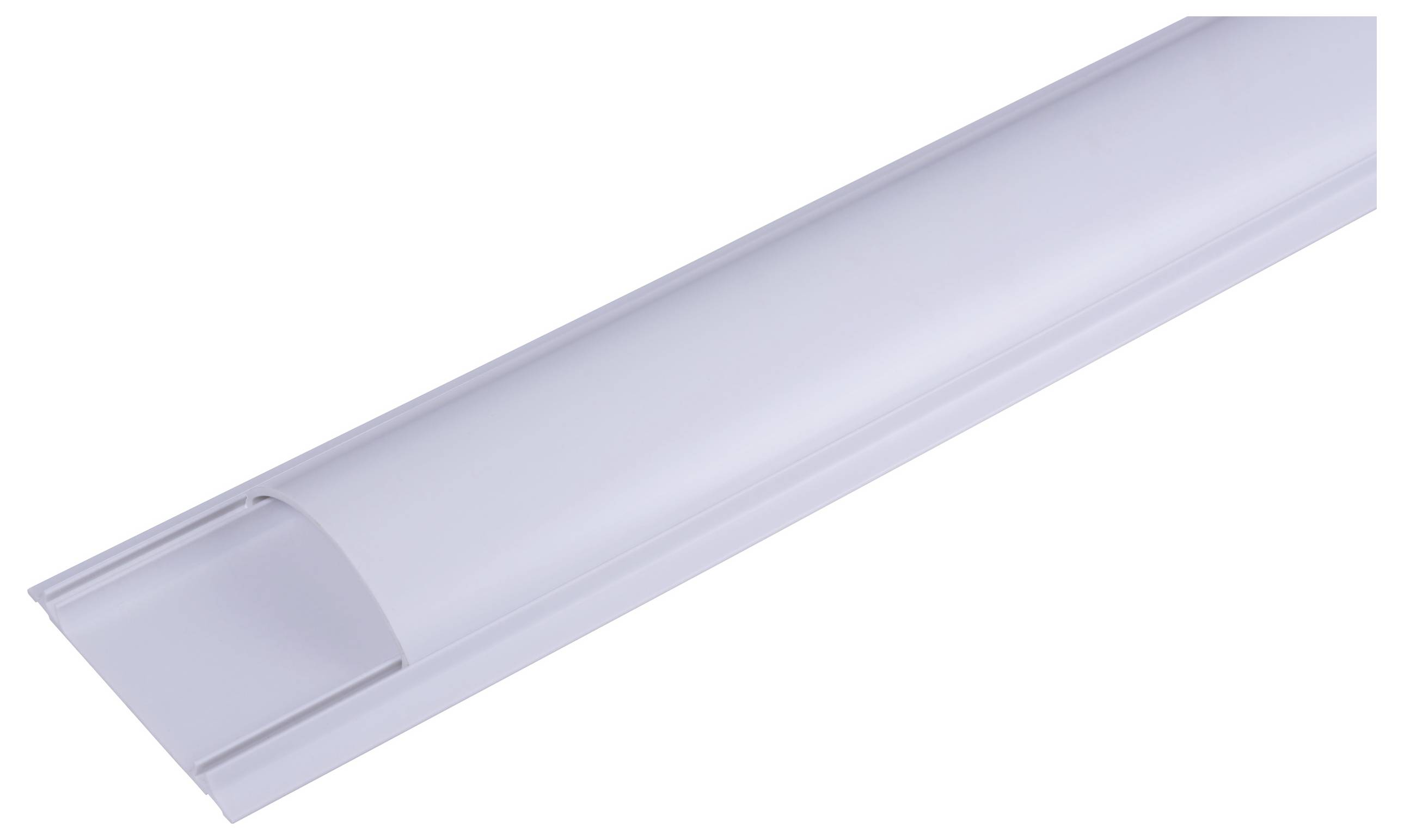 Langes, weißes Kunststoffteil, möglicherweise ein Kabelkanal oder eine Abdeckung, diagonal ausgerichtet.