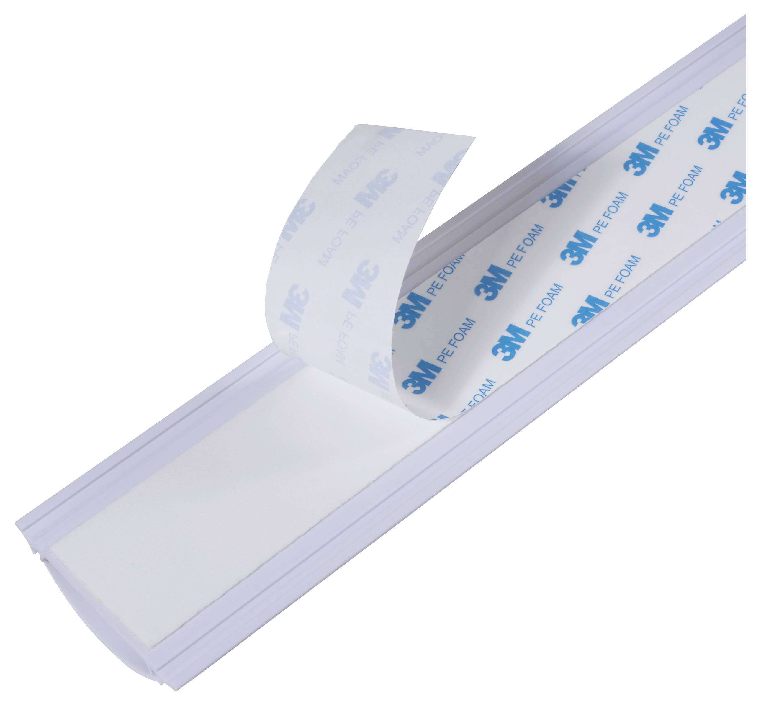 Ein weißer Klebestreifen mit der Aufschrift '3M' wird von einem weißen Trägerpapier abgezogen und präsentiert sich bereit zur Anwendung.