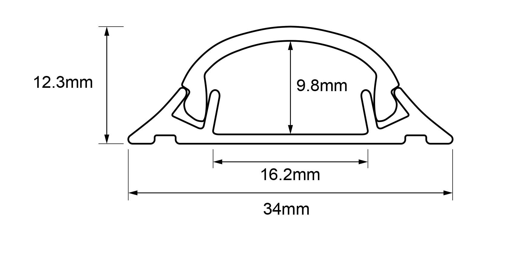 Querschnittszeichnung eines Profils mit Maßen: Breite 34mm, Höhe 12,3mm, Innenhöhe 9,8mm, Innenbreite 16,2mm.