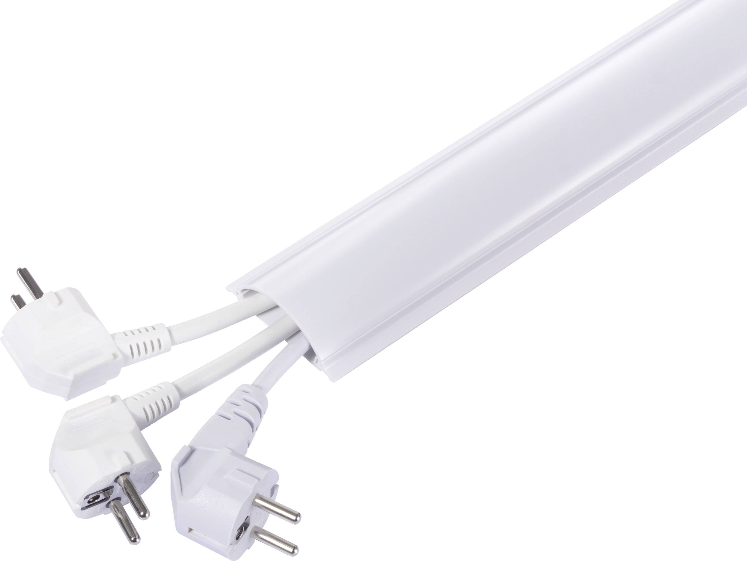 Drei weiße Steckdosenleisten mit Kabelkanal zum Verstecken der Kabel, um eine ordentliche und sichere Platzierung zu gewährleisten.