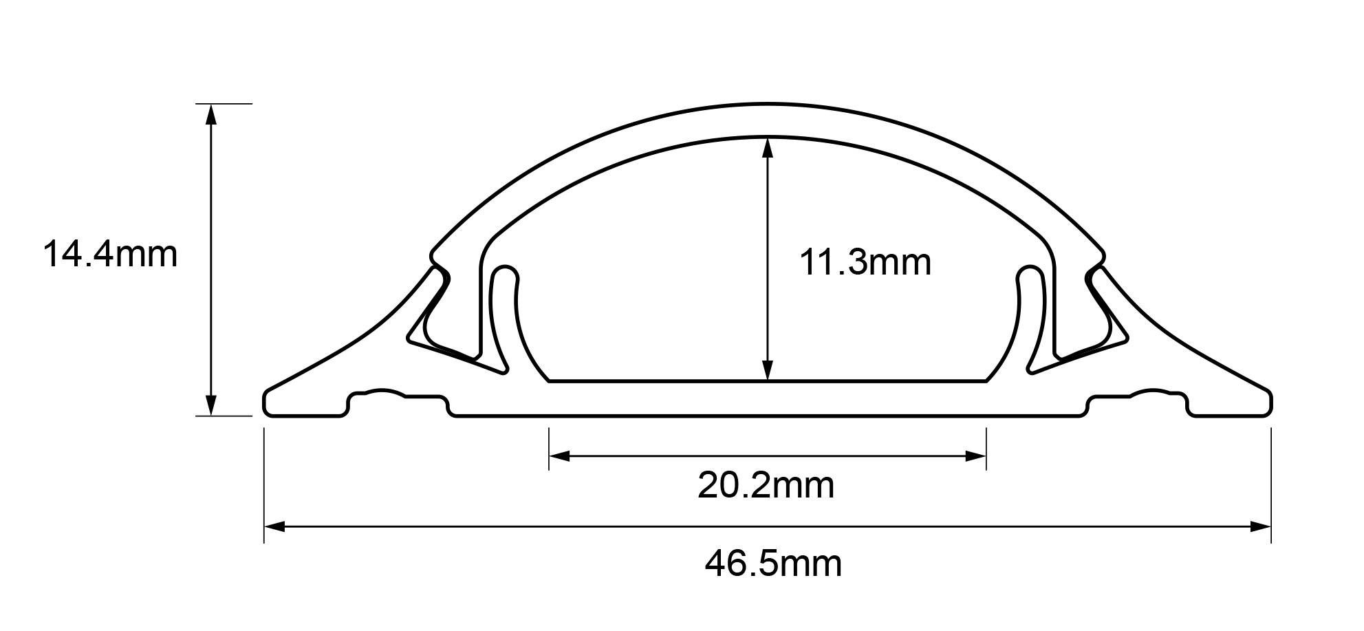 Ein schematisches Diagramm zeigt die Seitenansicht eines Objekts mit rechteckiger Basis und gewölbter Oberseite mit Maßen: Höhe 14,4 mm, Breite 46,5 mm, Bogenhöhe 11,3 mm.