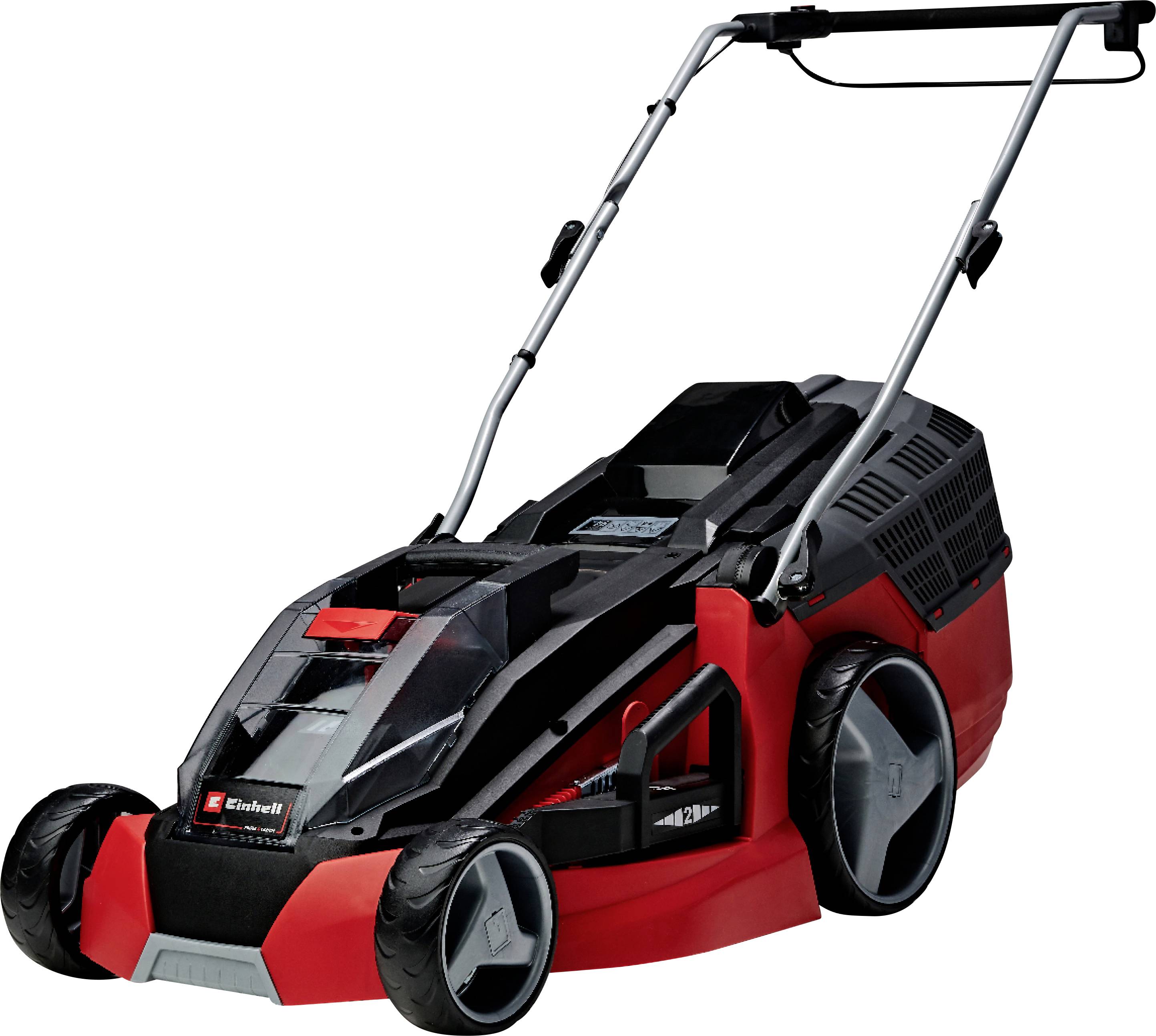 Roter Rasenmäher mit großen Rädern und Griff zum Schieben. Batterieanzeige und Schnittbreitenverstellung sichtbar. Im Hintergrund neutrale Fläche.