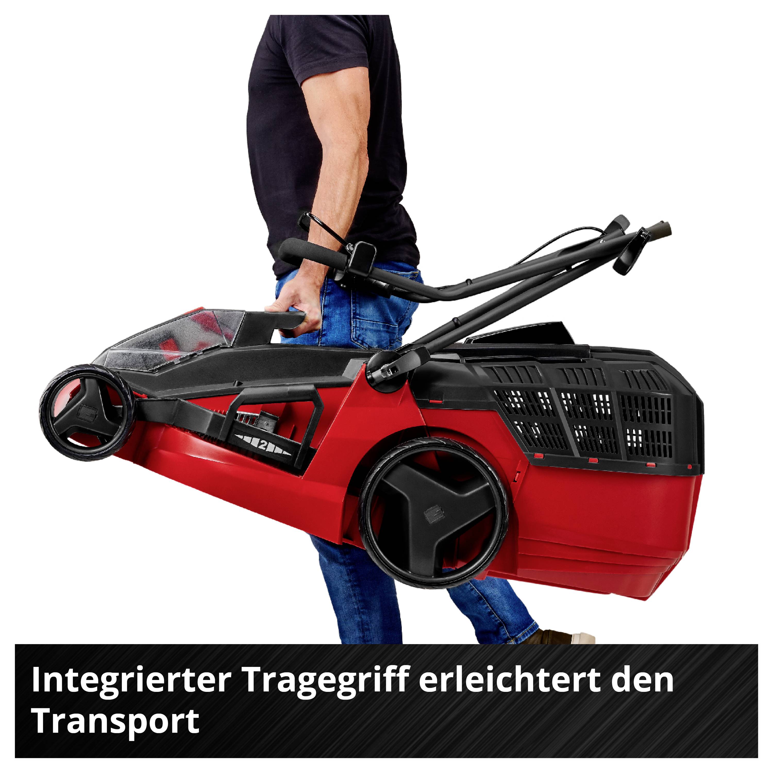 Person trägt einen roten Rasenmäher mit integriertem Tragegriff; Text: 'Integrierter Tragegriff erleichtert den Transport'.