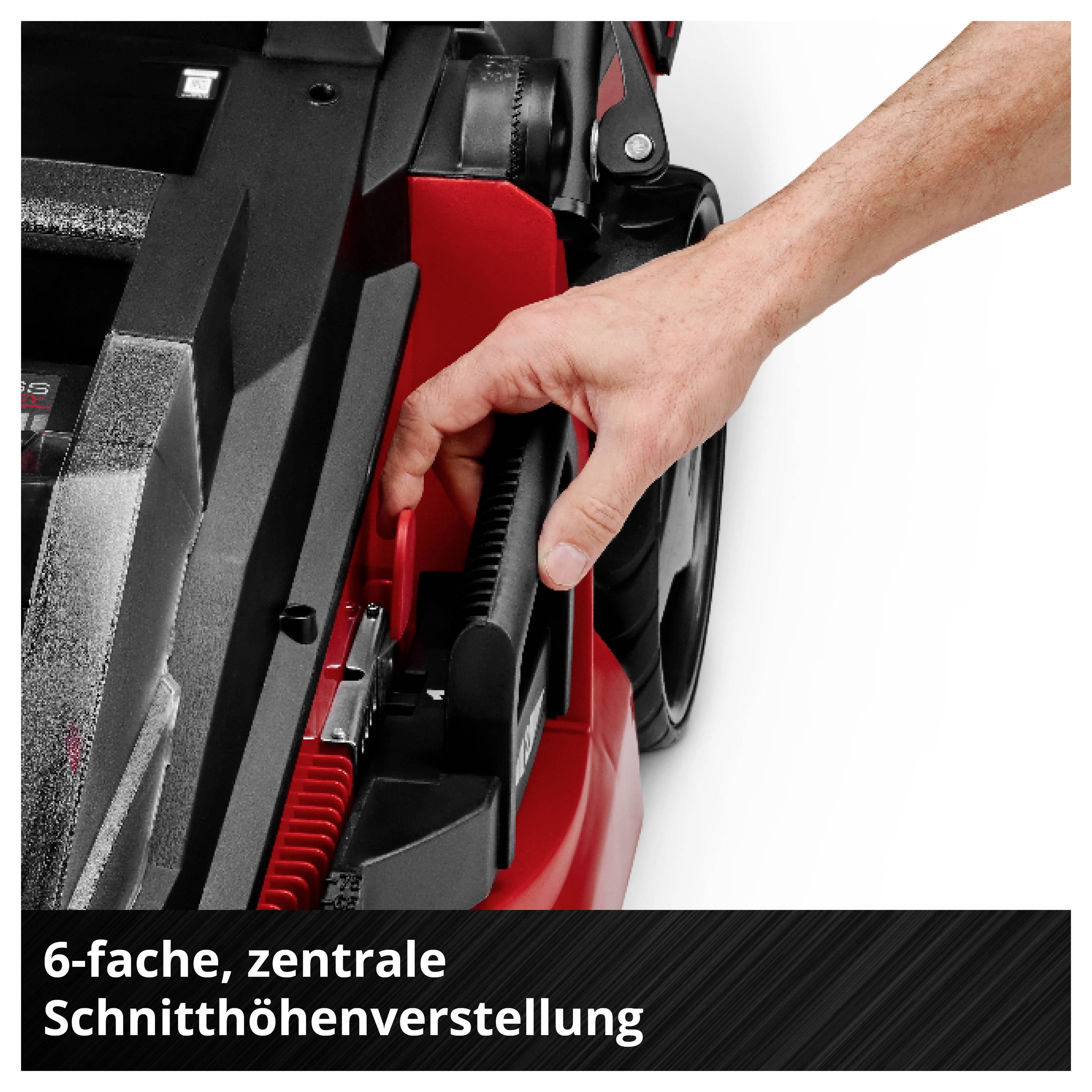 Hand stellt den Hebel einer roten Maschine ein; Text unten: '6-fache, zentrale Schnitthöhenverstellung'.