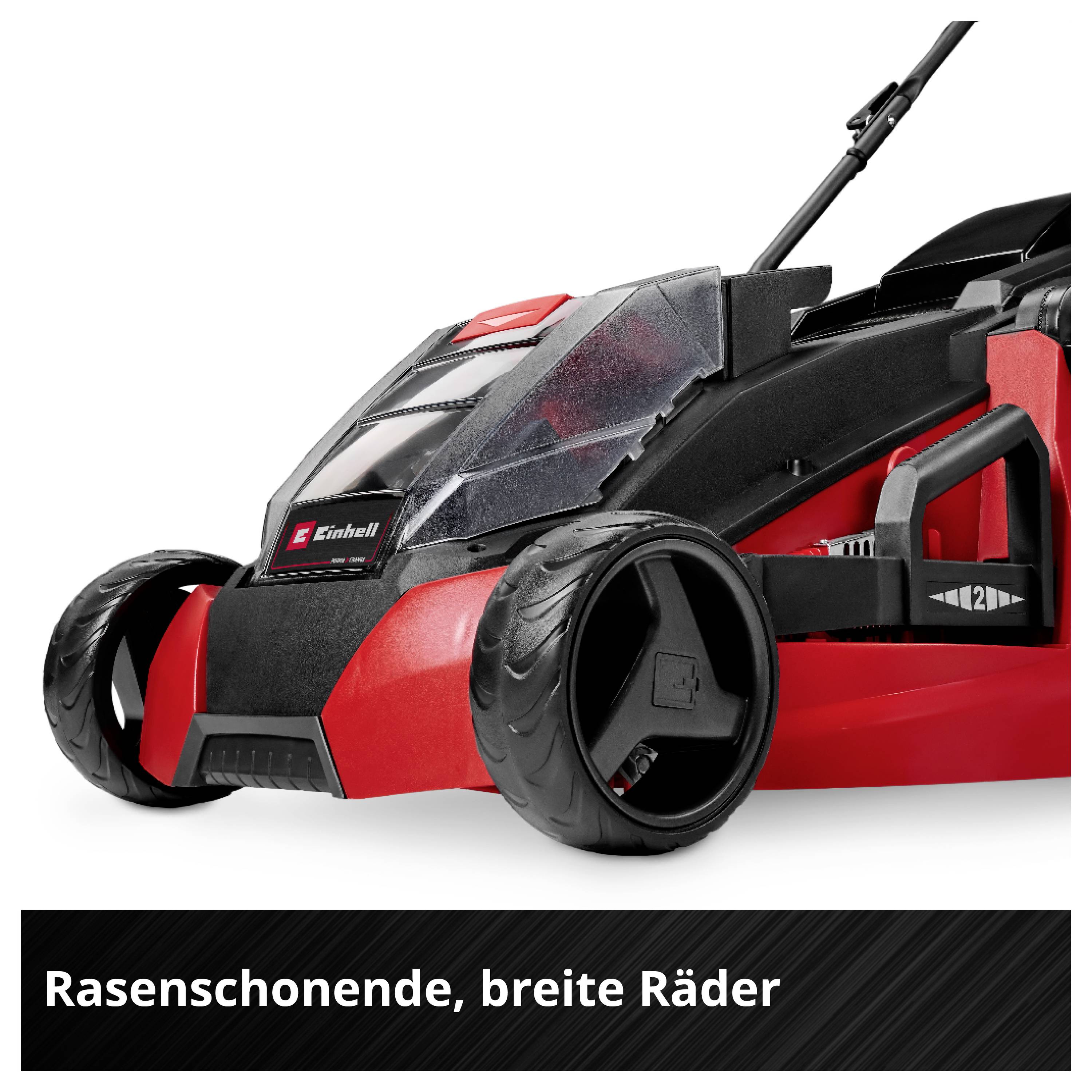 Einhell Rasenmäher mit breiten, rasenschonenden Rädern; darunter der Hinweis 'Rasenschonende, breite Räder'.
