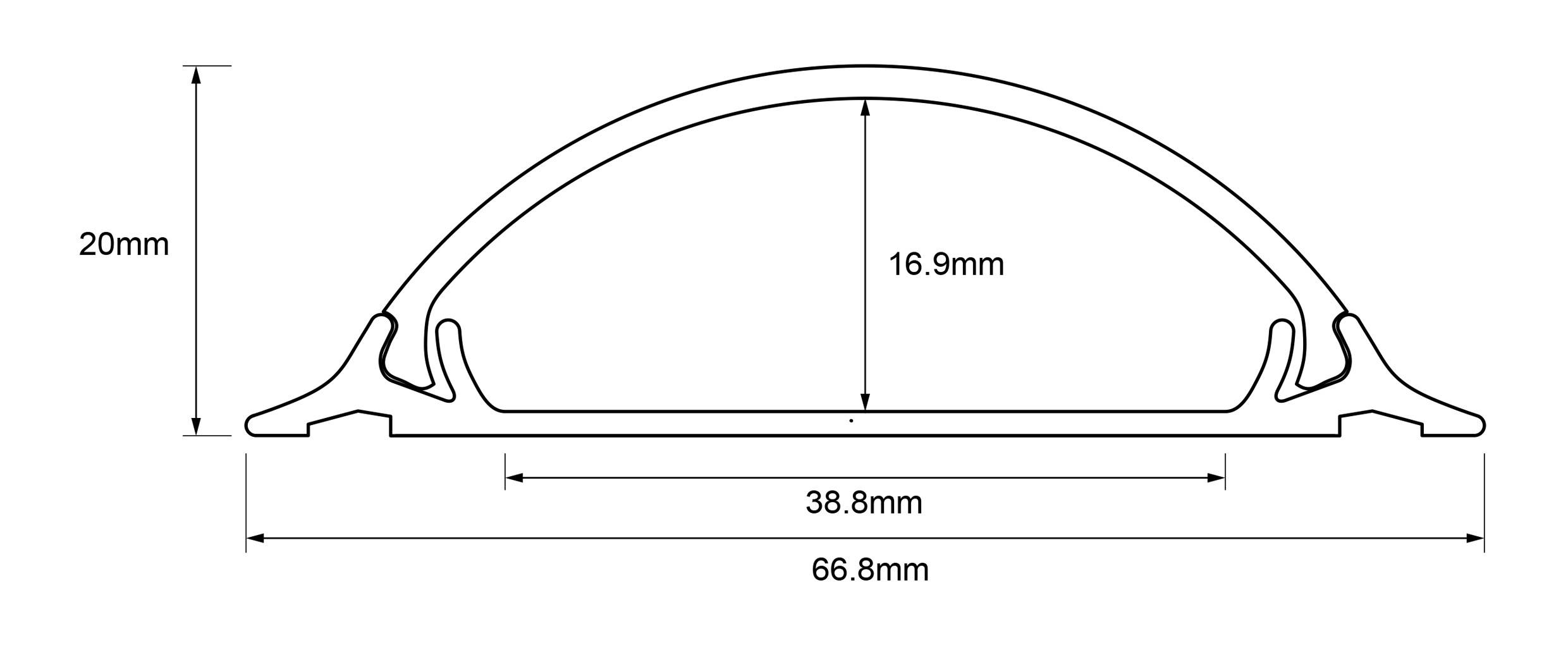 Technische Zeichnung eines gebogenen Profils mit Maßen: Höhe 20 mm, Bogenhöhe 16,9 mm, Breite unten 66,8 mm, Breite mittig 38,8 mm.
