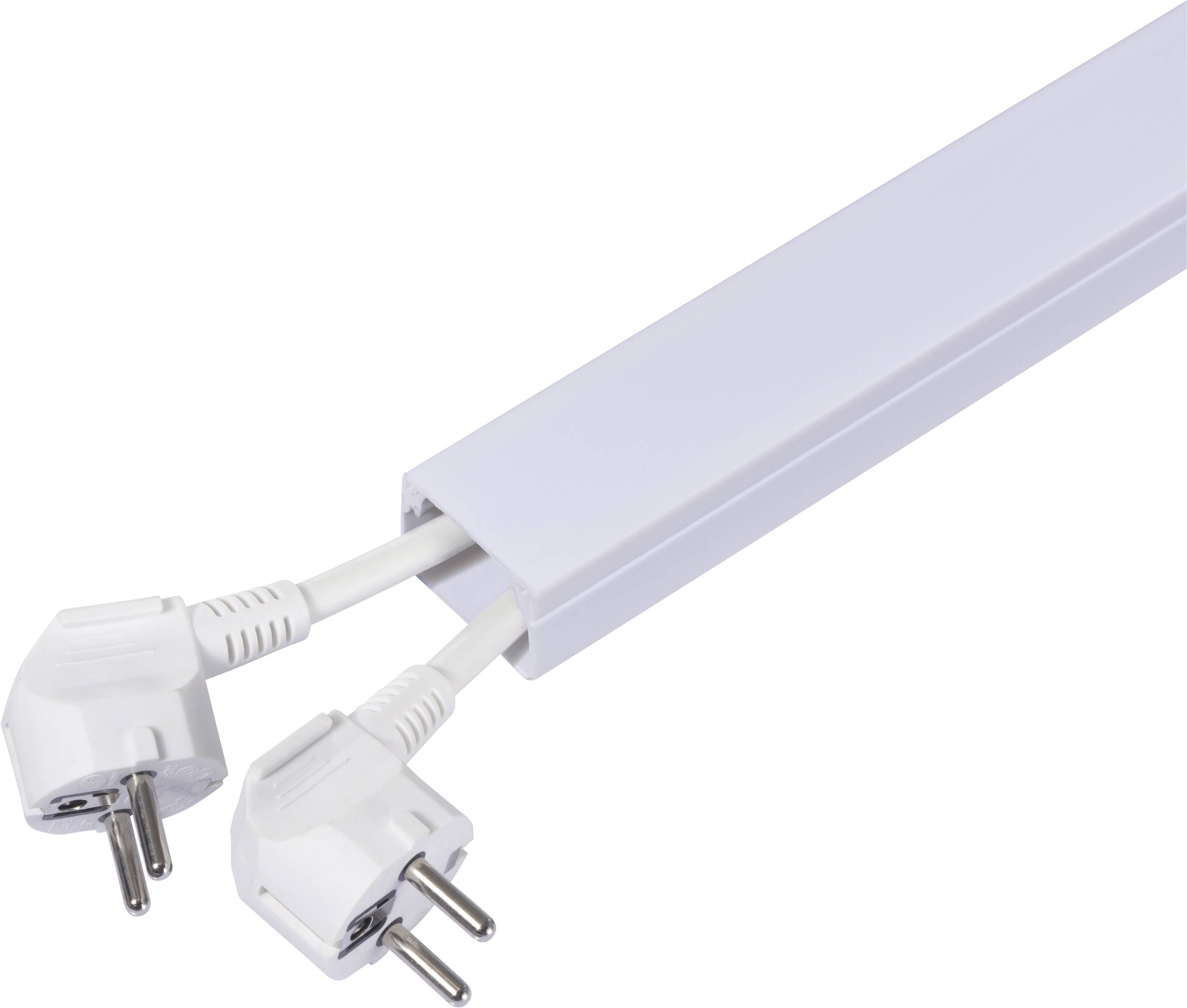 Ein weißer Kabelkanal mit zwei herausragenden, weißen Steckern. Der Kanal ist rechteckig und aus Kunststoff.