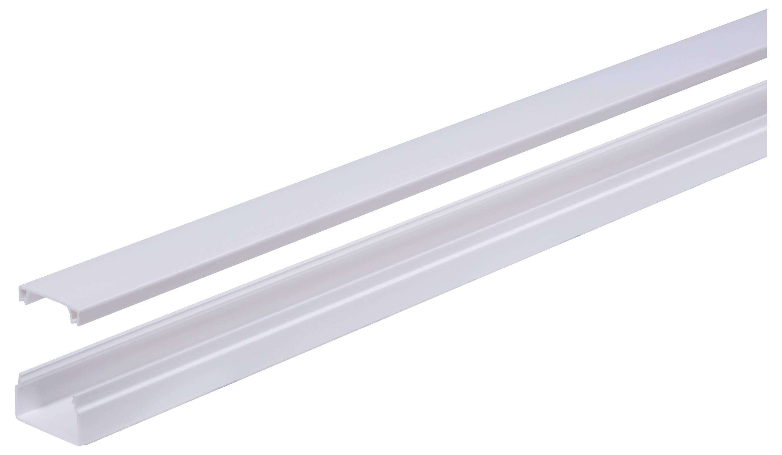 Zwei weiße Kunststoffleisten, eine oben und eine unten, in unterschiedlicher Perspektive gezeigt.