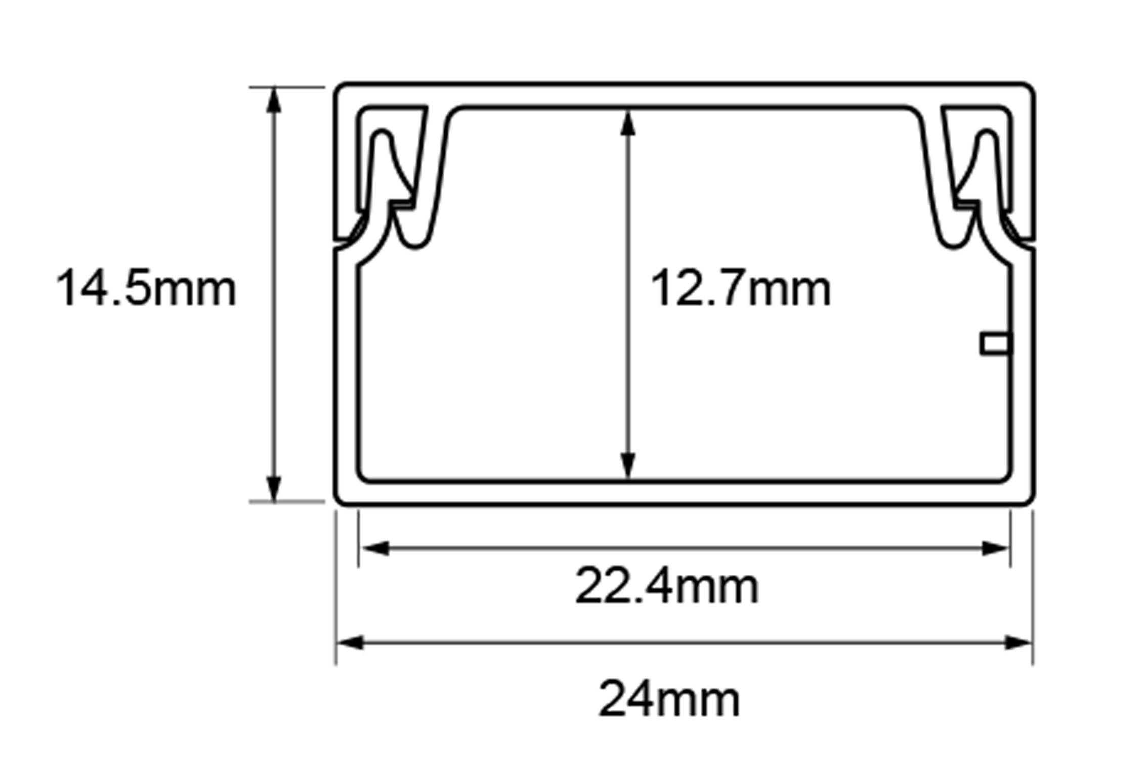 Technische Zeichnung eines rechteckigen Querschnitts mit Maßen: 24mm breit, 12,7mm hoch innen, 14,5mm hoch außen.