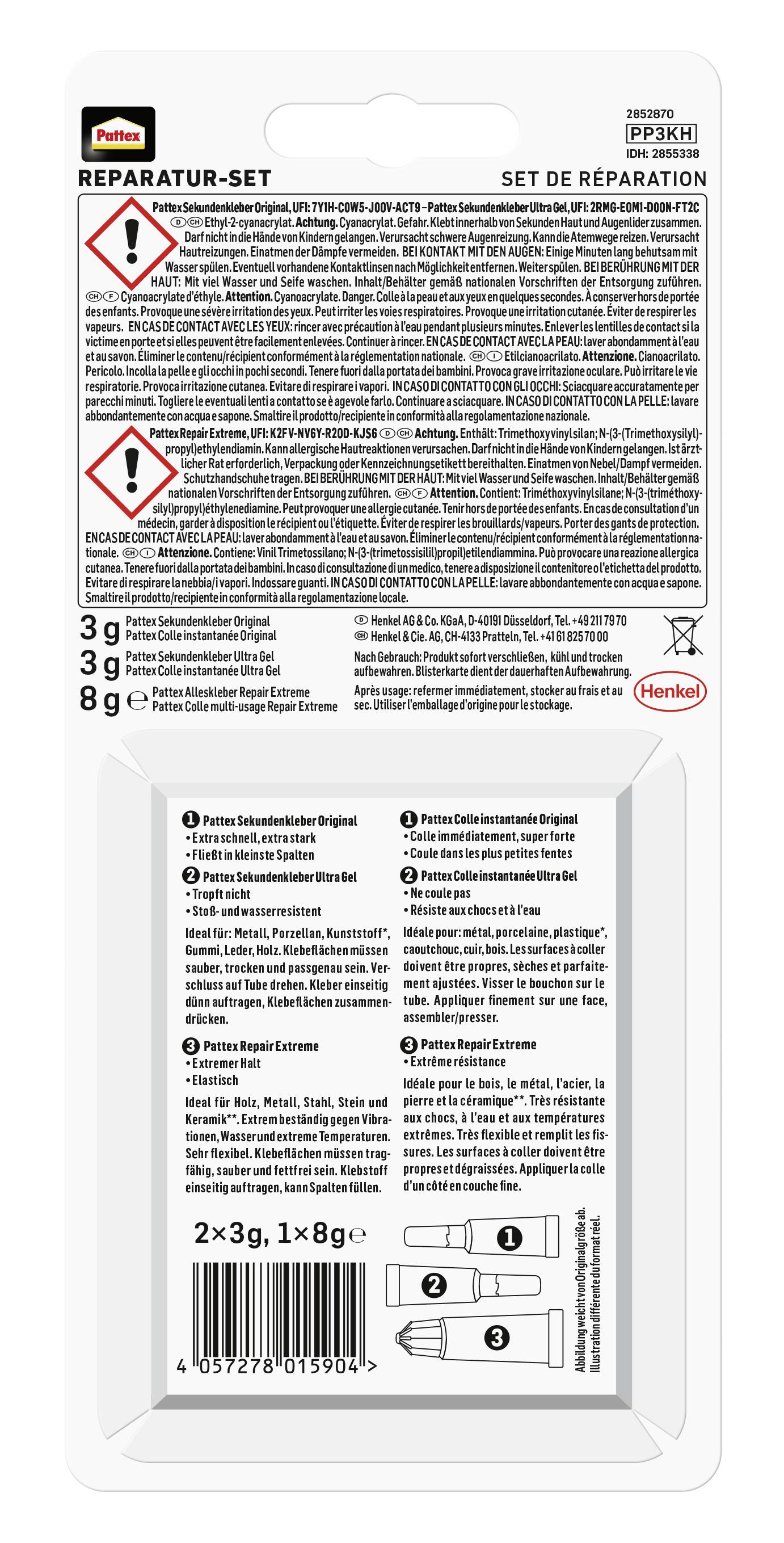 'Pattex Reparatur-Set': Rückseite der Verpackung zeigt Sicherheitshinweise in mehreren Sprachen, Mengenangaben, und Produkt-Illustrationen.