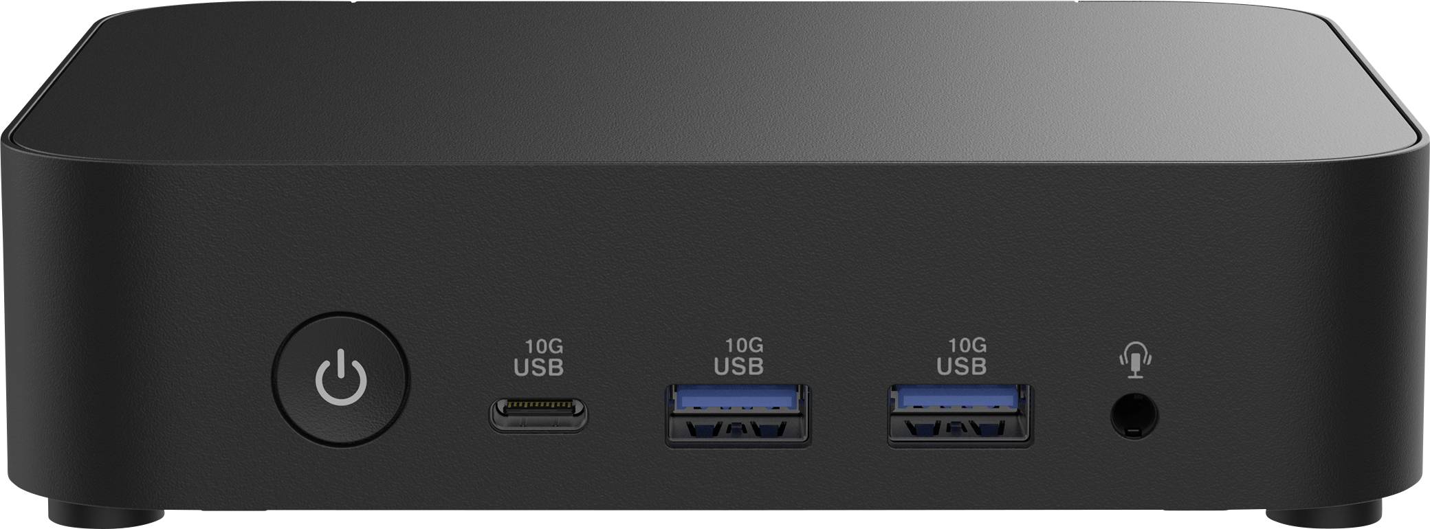 Schwarzes USB-Dock mit Power-Knopf links, vier USB-Anschlüssen vorne (einer USB-C, drei USB-A) und Kopfhöreranschluss rechts.
