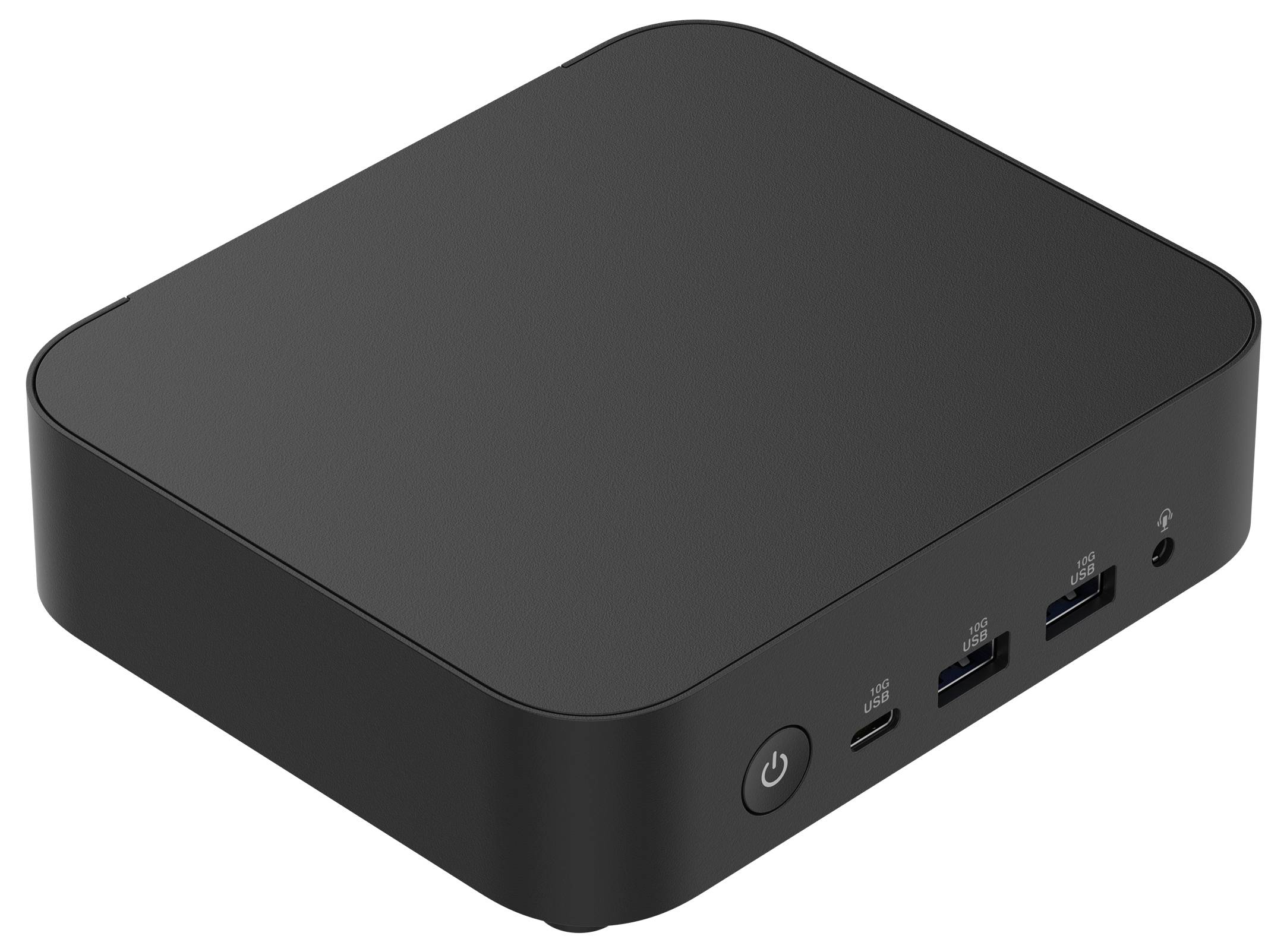 Ein schwarzer, rechteckiger Mini-PC mit abgerundeten Kanten. An der Vorderseite befinden sich ein Ein/Aus-Schalter und mehrere Anschlüsse.