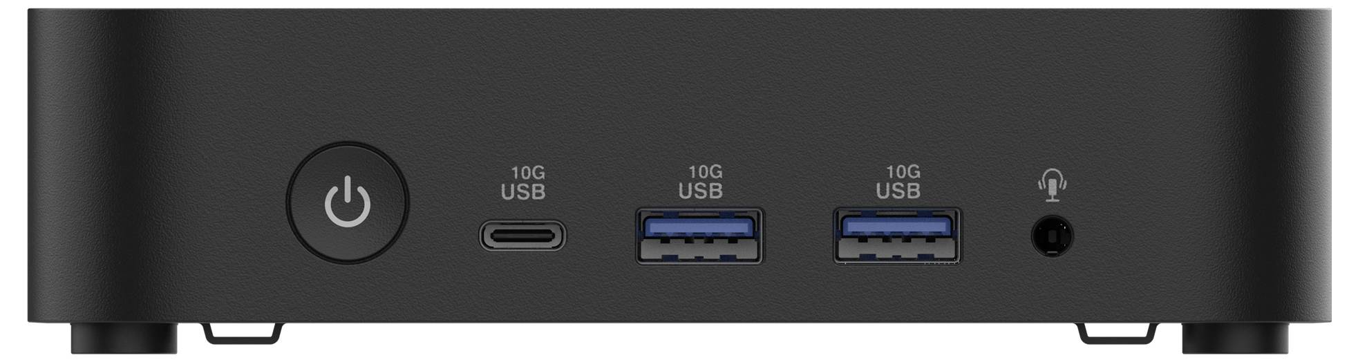 Die Vorderseite eines schwarzen Mini-PCs mit einem Ein-/Ausschalter, einem USB-C-Anschluss, zwei USB 3.0-Anschlüssen und einem Kopfhöreranschluss.