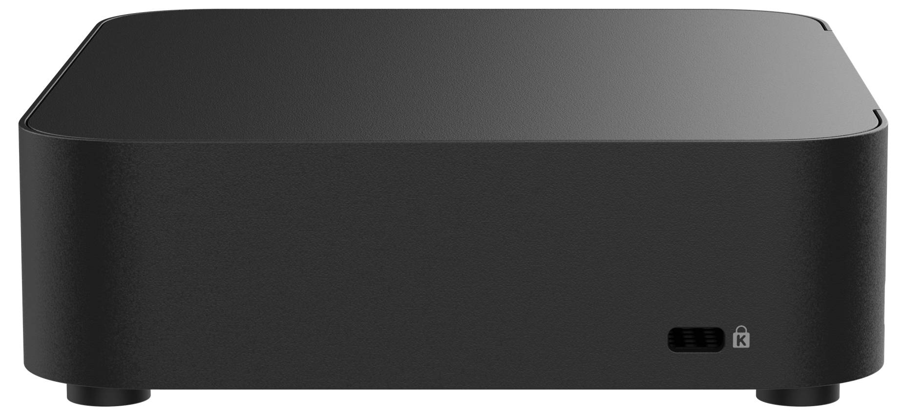 Schwarzer quadratischer Computer-Server auf weißem Hintergrund, mit glatter Oberfläche und wenigen sichtbaren Anschlüssen oder Tasten.