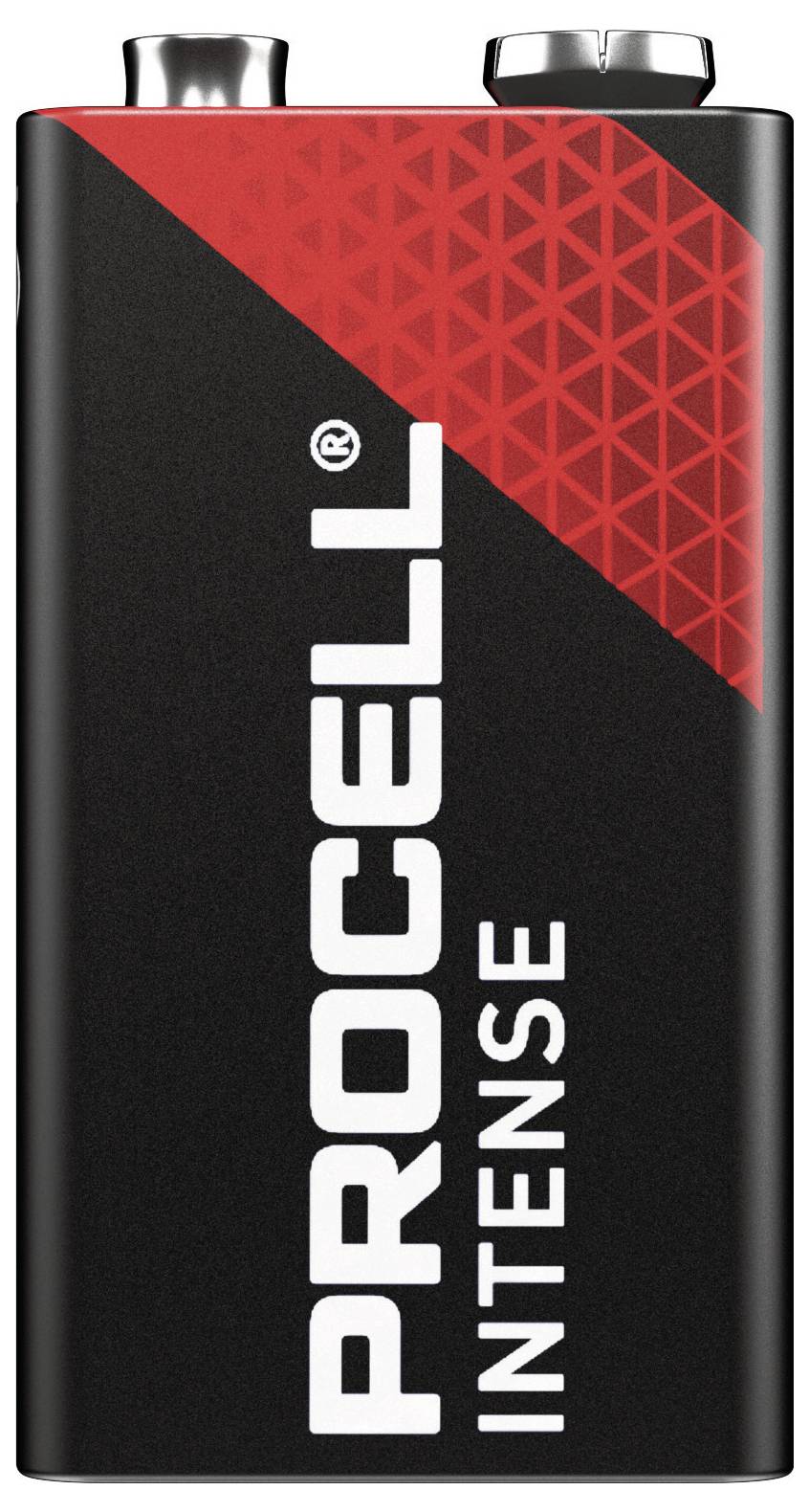 Schwarze 9-Volt-Procell-Intense-Batterie mit rotem diagonalem Design im oberen Bereich.