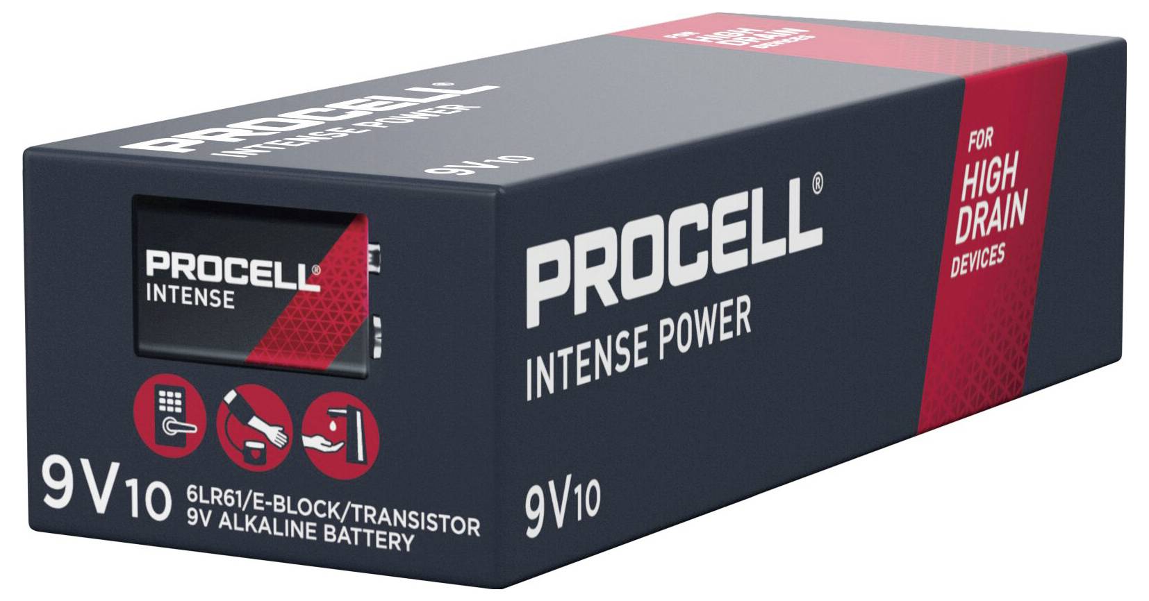 9V Duracell Procell Batterie, intensiv, für Geräte mit hohem Energiebedarf. Verpackung zeigt Produktnamen und Spezifikationen.