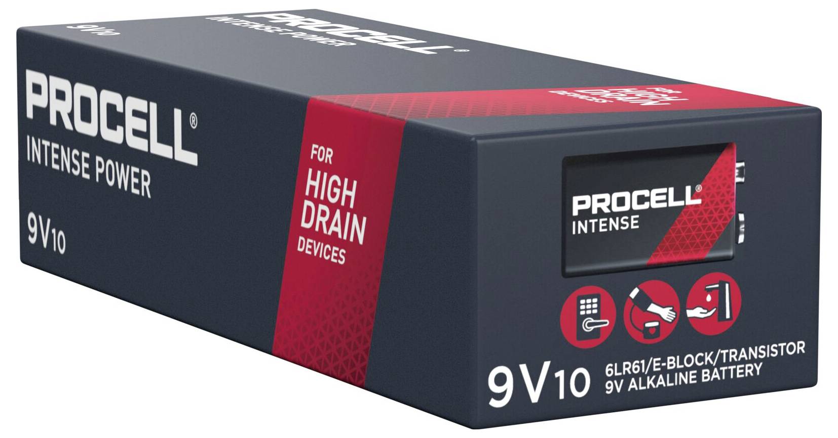 Procell 9V Intense Power Batterie für Hochleistungsgeräte, Verpackung mit roten und schwarzen Details.
