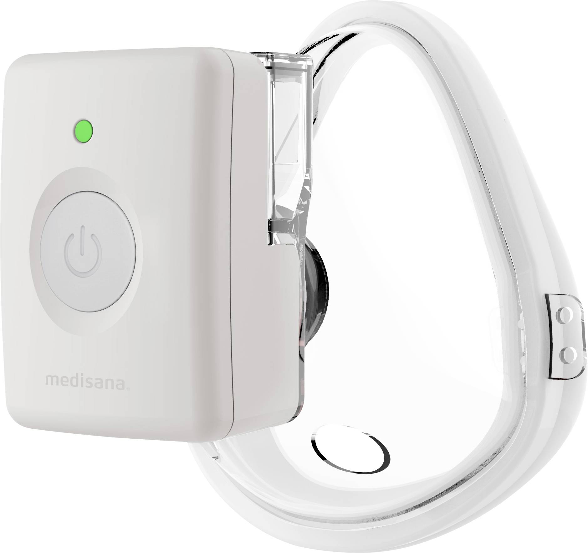 Ein weißes Medisana-Gerät mit grünem Indikatorlicht und Ein-/Aus-Taste ist an einem transparenten Kunststoffband befestigt.