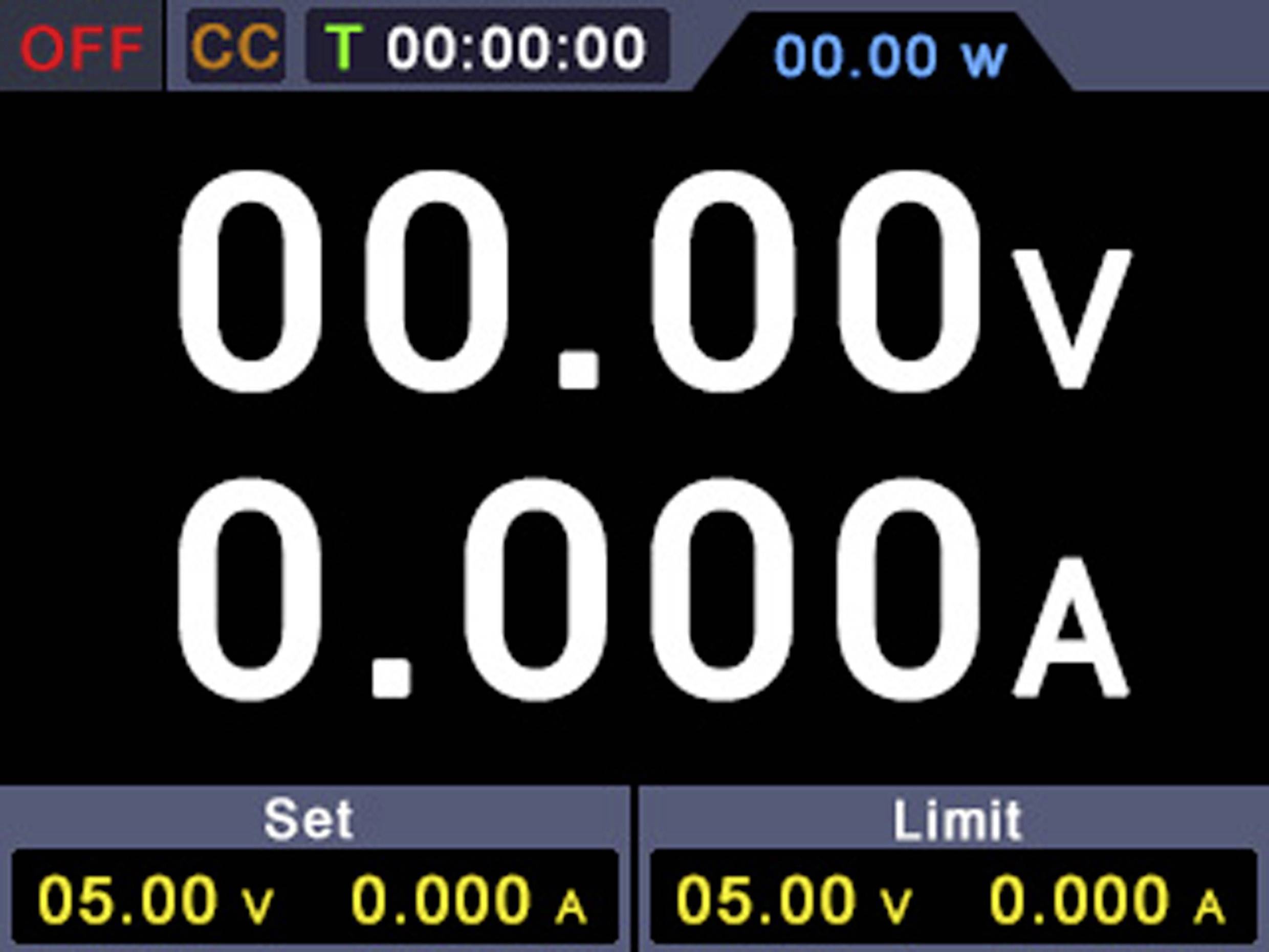 Digitalanzeige eines Voltmeters und Amperemeters, zeigt '00.00v' Spannung und '0.000A' Stromstärke an, mit einstellbaren Grenzen.