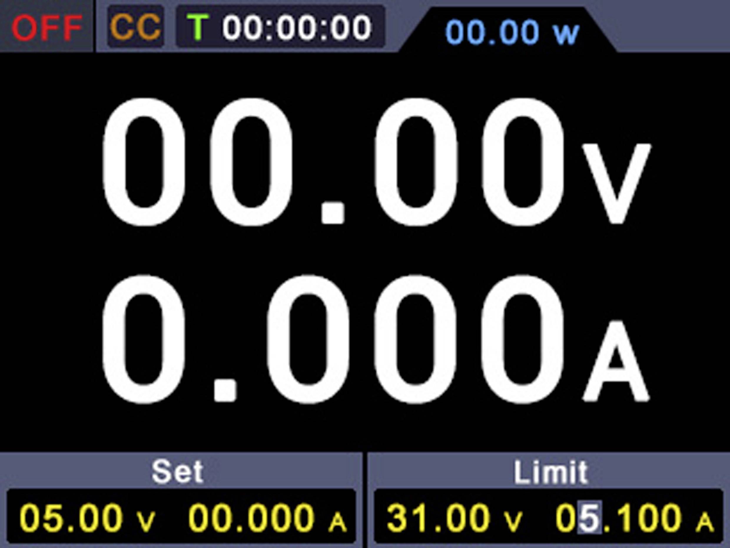 Digitalanzeige eines Messgeräts: Spannung '00.00v', Strom '0.000A'. Einstellwerte: '05.00V', '00.000A'. Grenzwerte: '31.00V', '05.100A'.