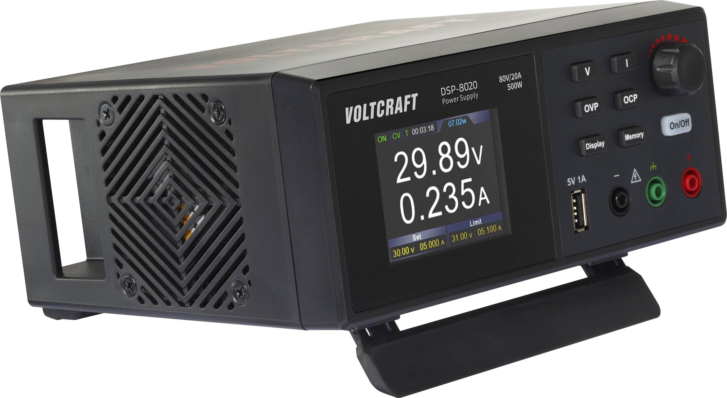 Ein digitales Labornetzteil zeigt auf dem Display 29,89 Volt und 0,235 Ampere an. Verschiedene Tasten und Anschlüsse sind sichtbar.