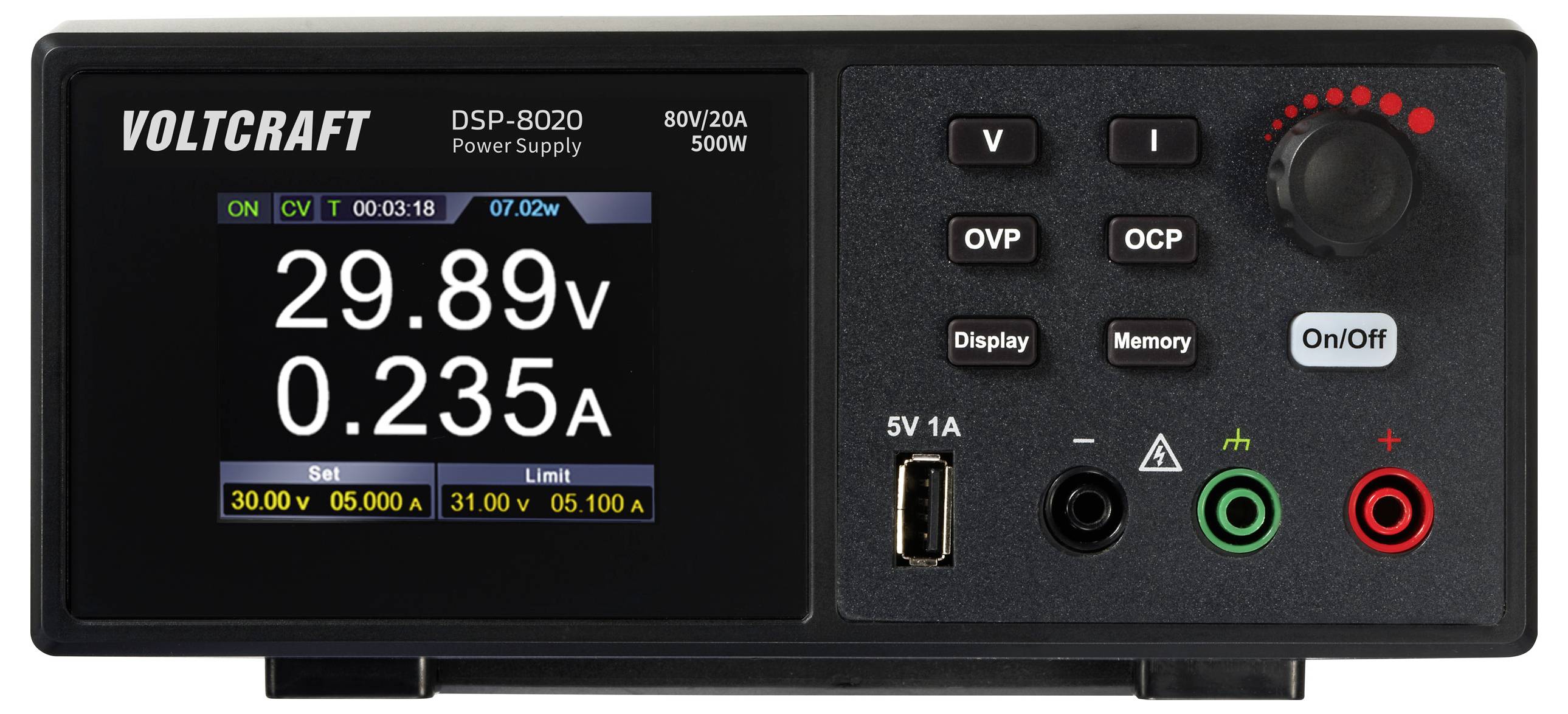Ein digitales Netzgerät mit Spannung von 29.89V und Strom von 0.235A. Anzeigen und Bedienelemente für Spannungs- und Strombegrenzung sichtbar.