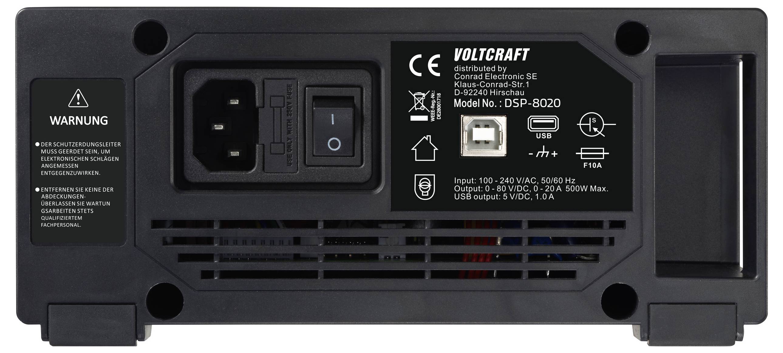 Rückseite eines Geräts mit Netzanschluss, Schalter, USB-Anschluss und Modellbezeichnung 'DSP-8020'. Enthält Warnhinweise.