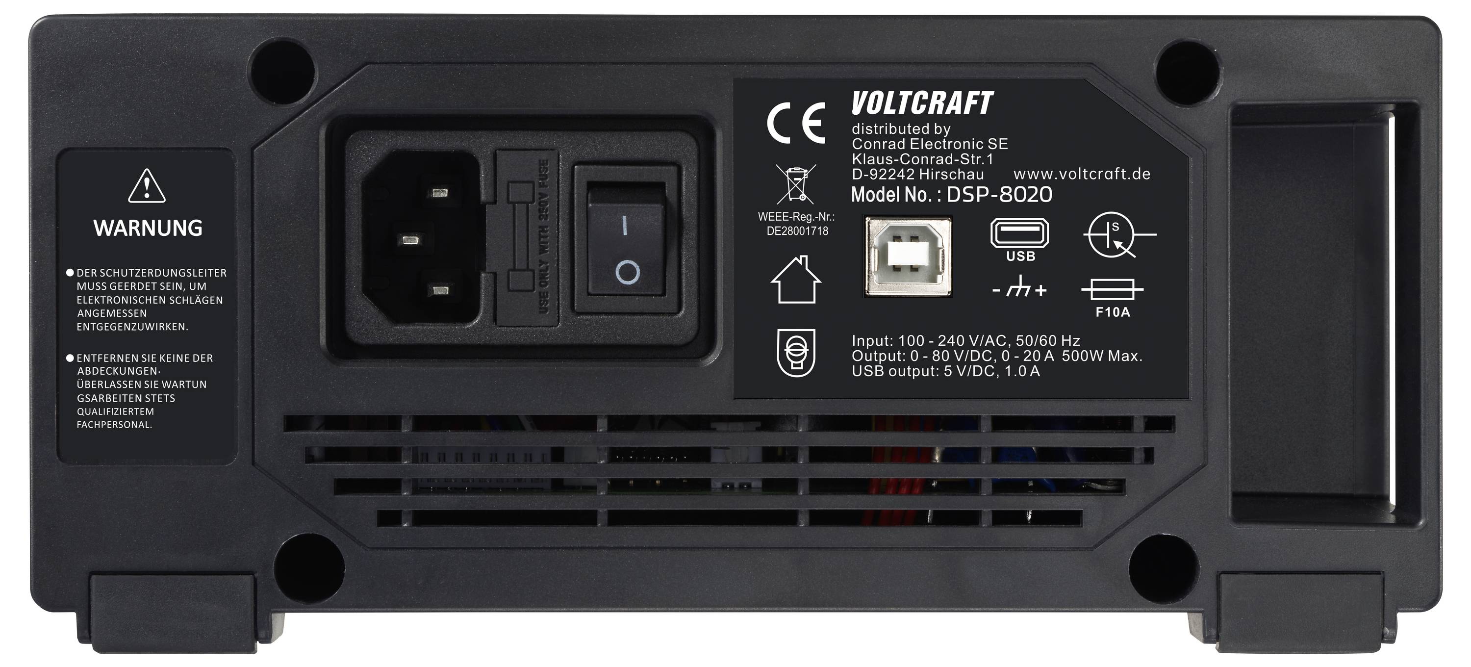 Das Bild zeigt die Rückseite eines Voltcraft DSP-8020 Netzteils mit einem Ein-/Ausschalter, einer Stromsteckdose, einem USB-Anschluss und einem Warnaufkleber.