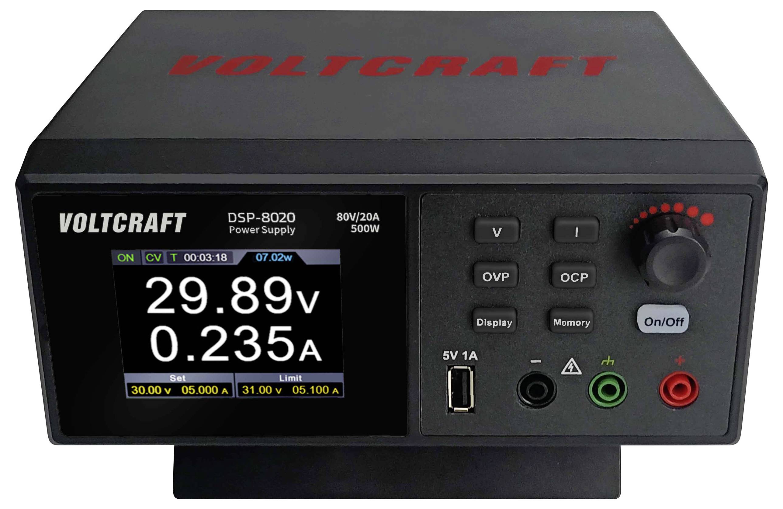 Stromversorgungseinheit mit Display, zeigt 29,89 V Spannung und 0,235 A Stromstärke. Enthält Tasten zur Steuerung und Konnektoren vorne.