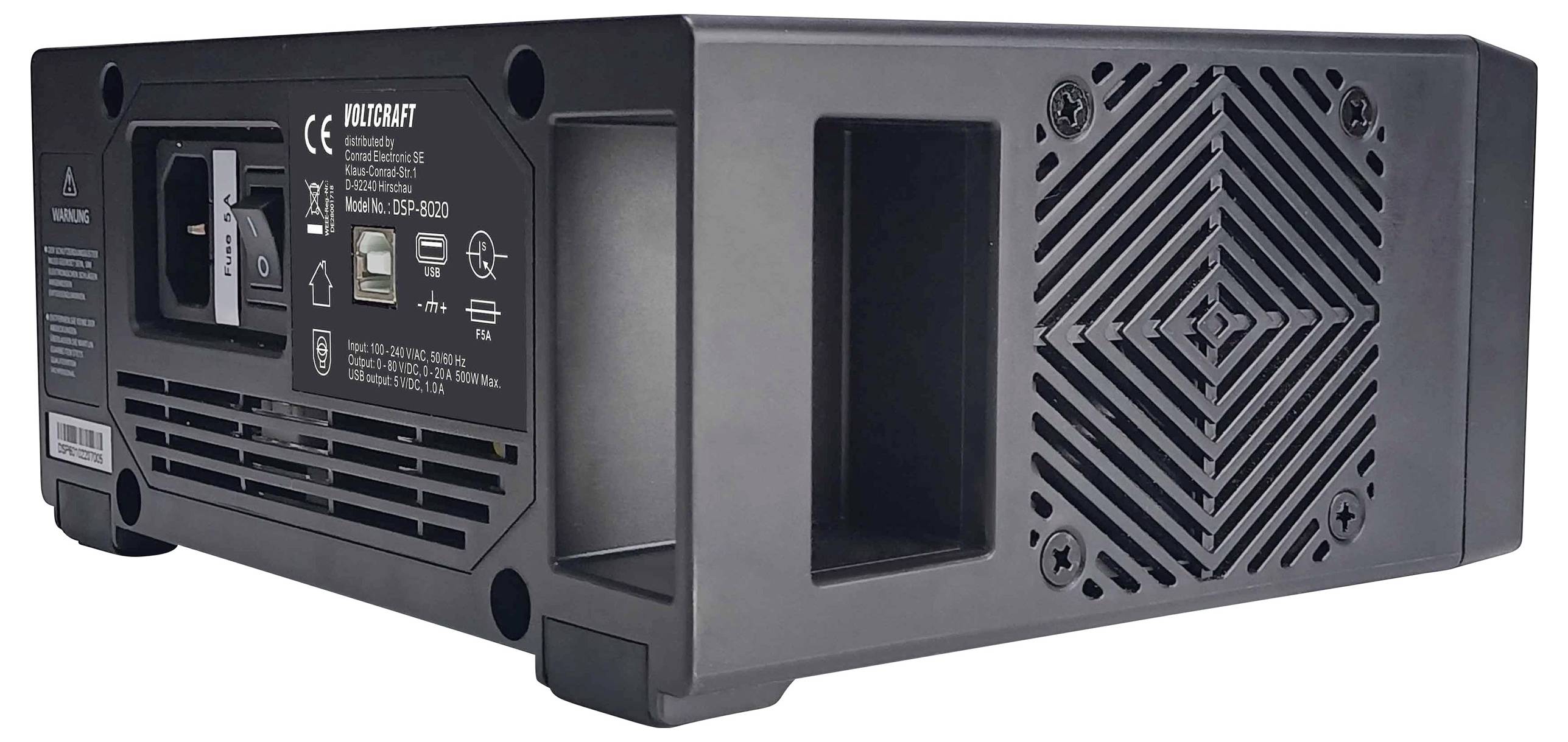 Eine schwarze USV-Einheit mit Lüftungsgitter und Anschlussmöglichkeiten auf der Rückseite. CE- und RoHS-Zeichen sichtbar.