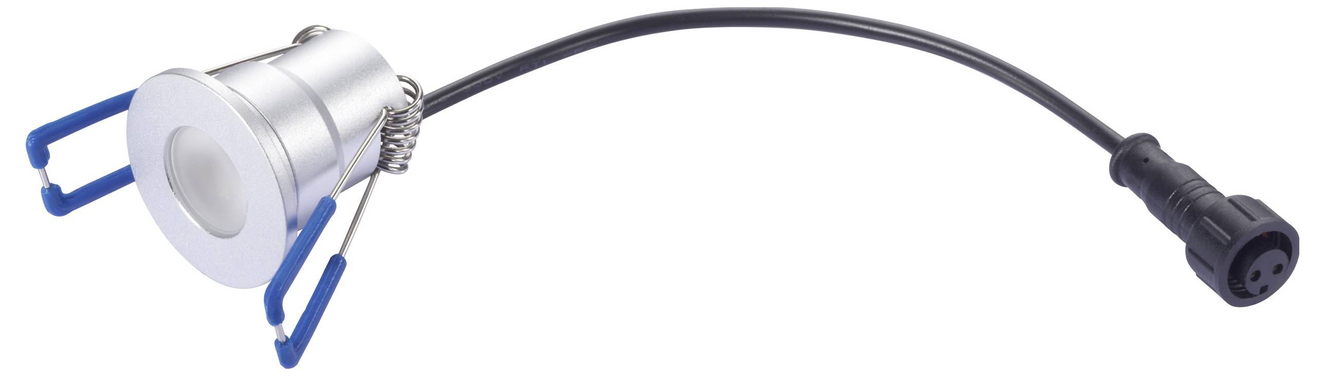 Eine kleine, runde, eingelassene LED-Leuchte mit einem kurzen schwarzen Kabel und blauen Metallclips zur Befestigung, die vor einem weißen Hintergrund zu sehen ist.