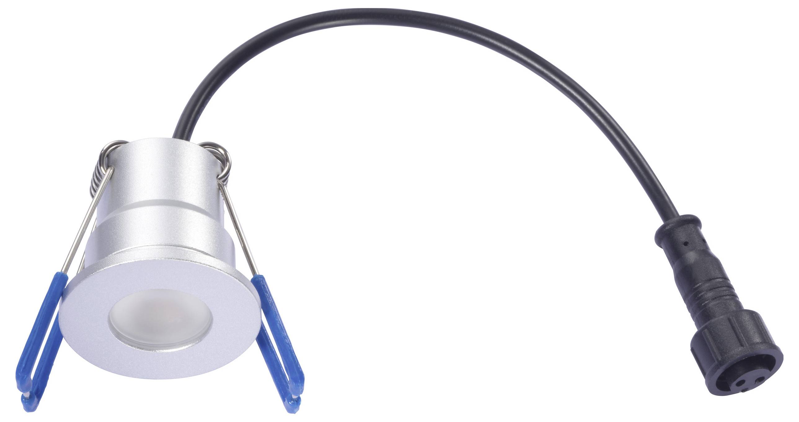 Eine silberne LED-Einbauleuchte mit blauen Clips und einem schwarzen Stromverbindungskabel.