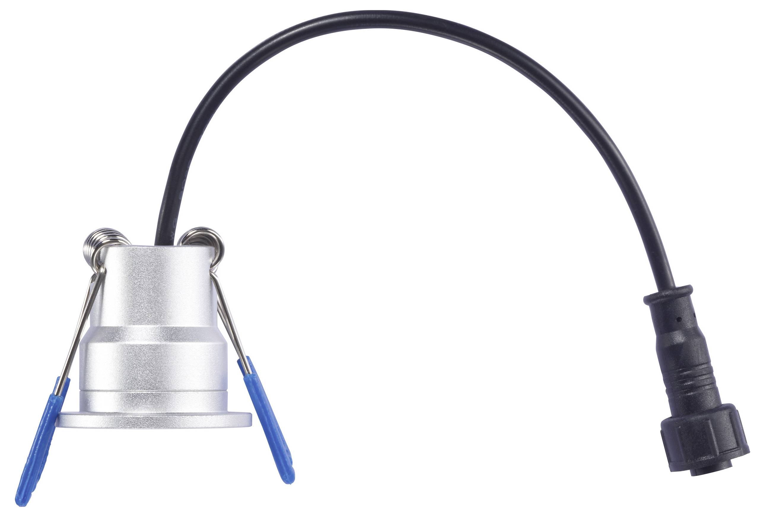 Ein Metallanschluss mit zwei blauen Hebeln, der an ein schwarzes Kabel angeschlossen ist und in einem Stecker endet, wahrscheinlich für industrielle oder elektrische Zwecke verwendet.