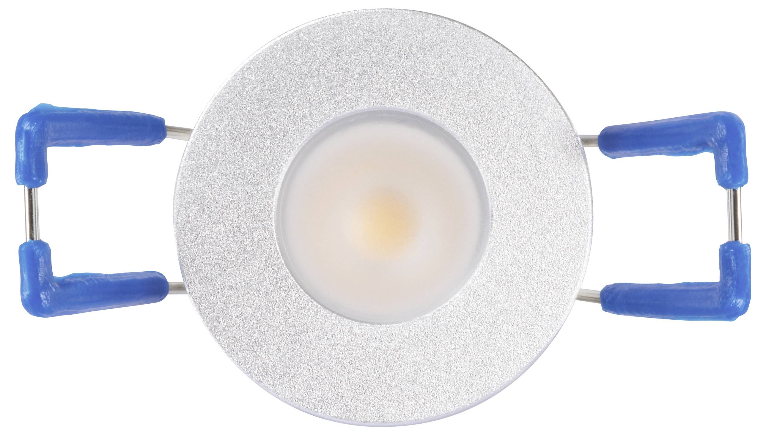 Eine silberne, eingelassene LED-Deckenleuchte mit blauen Halterungen zur Befestigung, von oben betrachtet, mit runder Gestaltung und zentraler Glühbirne.