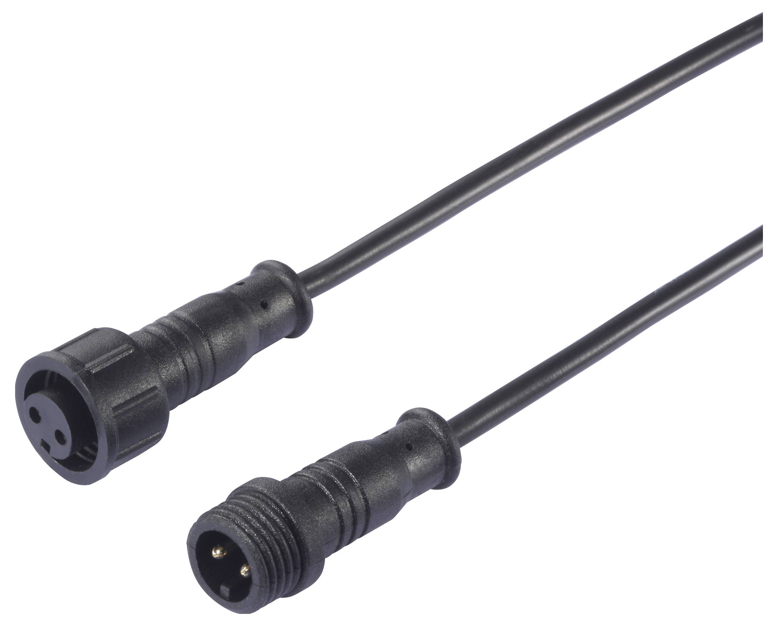 Zwei schwarze wasserdichte Koaxialkabel mit männlichen und weiblichen Anschlüssen, die für sichere elektrische Verbindungen im Freien konzipiert sind.