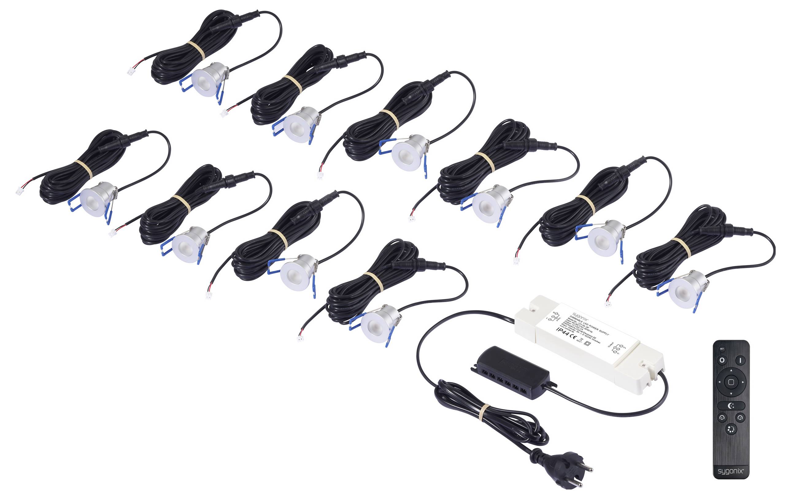 12 LED-Deckenleuchten mit Verkabelung, einem Netzteil und einer Fernbedienung, geeignet für Außenbeleuchtungsinstallationen.