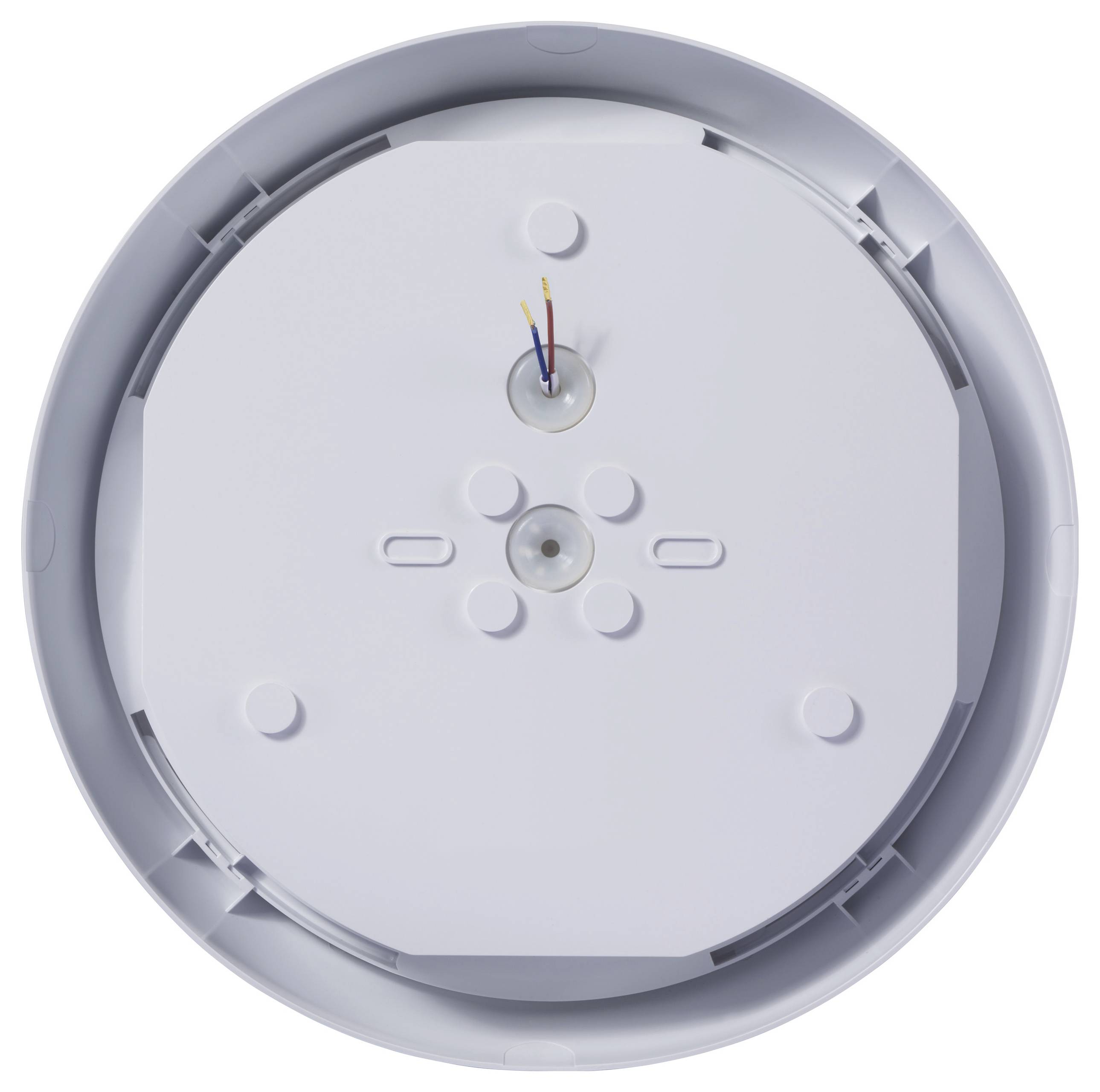 Eine runde, weiße Deckenleuchten-Grundplatte mit freiliegenden Kabeln in der Mitte, die zum Anbringen einer Leuchte konzipiert ist.